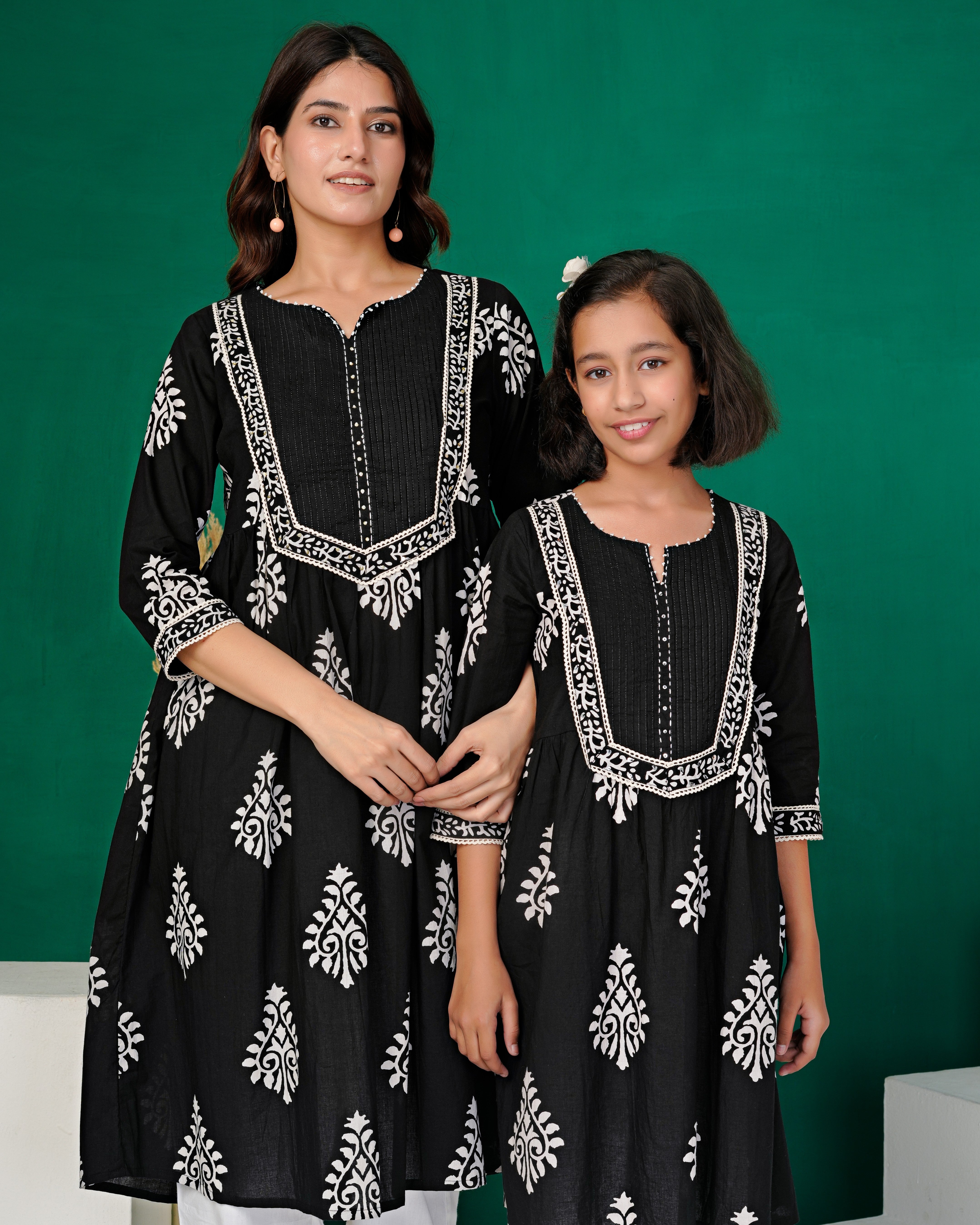 Black Hand-Block Patch Yoke Cotton Kurta