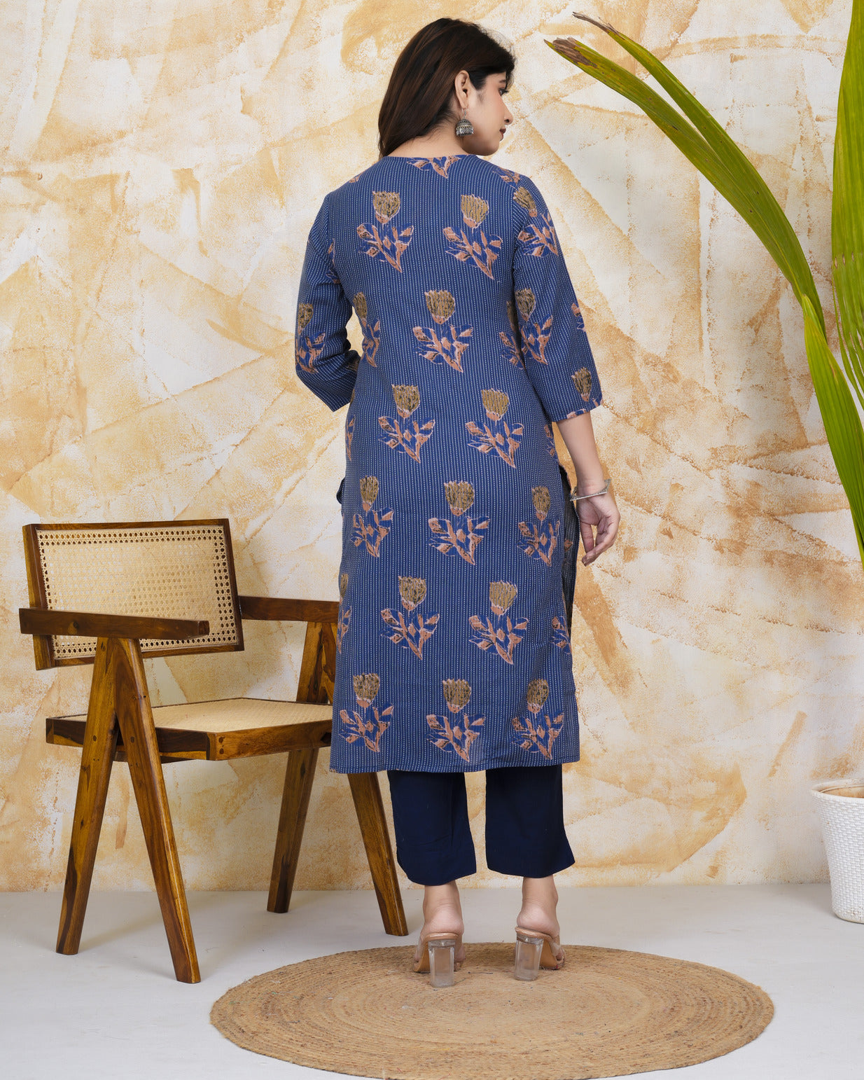 Navy Blue Embroidery With Katha Work Cotton Kurti