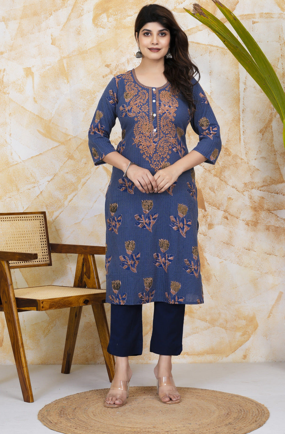 Navy Blue Embroidery With Katha Work Cotton Kurti