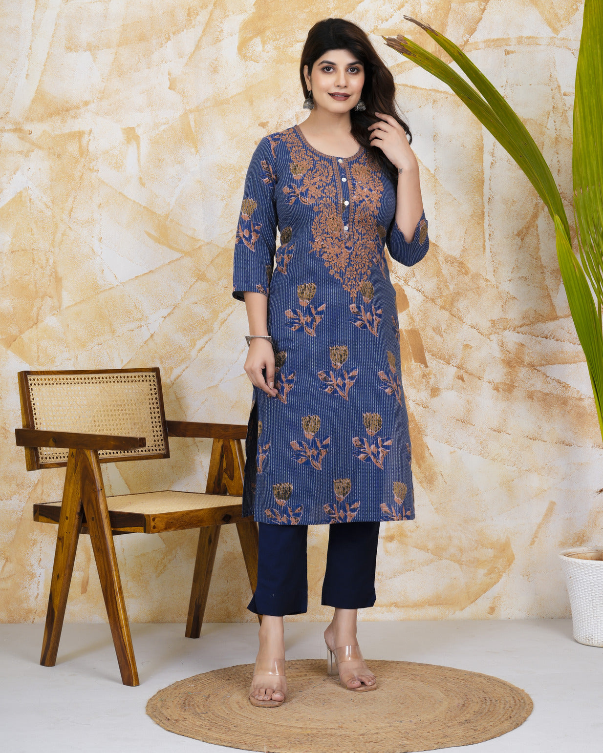 Navy Blue Embroidery With Katha Work Cotton Kurti