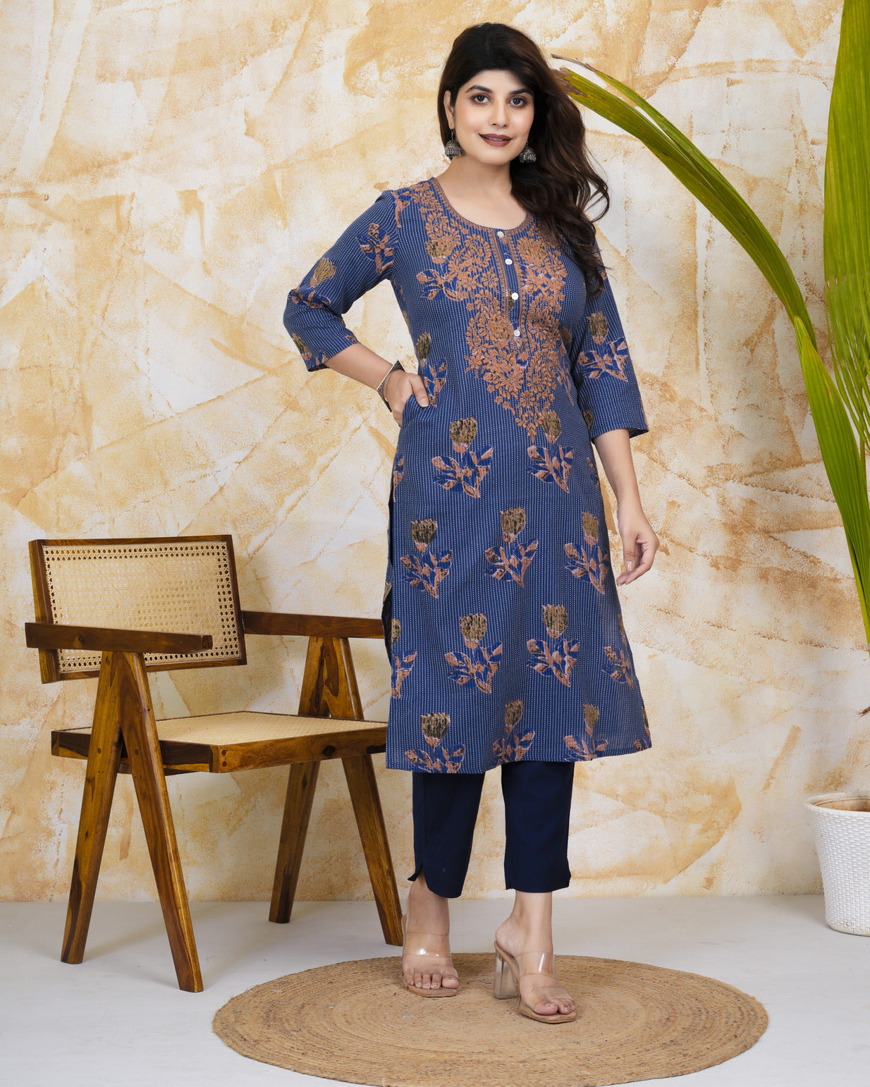 Navy Blue Embroidery With Katha Work Cotton Kurti