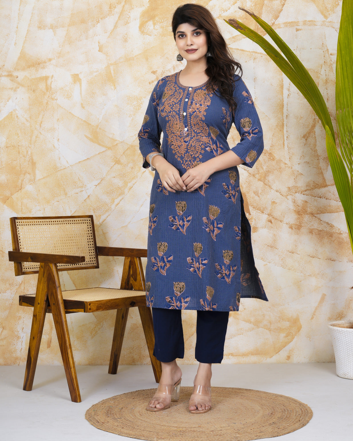 Navy Blue Embroidery With Katha Work Cotton Kurti