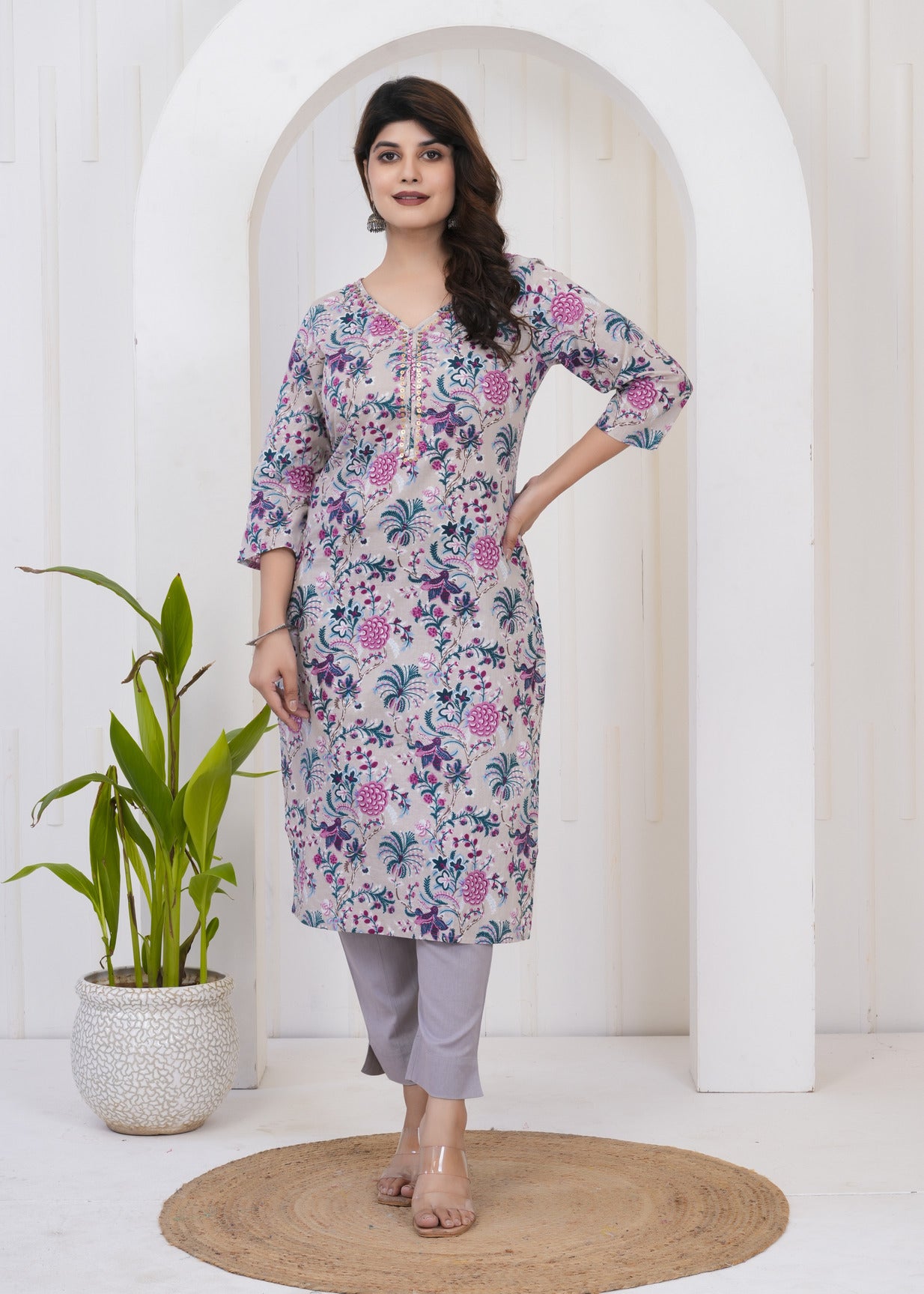 Grey With Floral Print Cotton Kurti