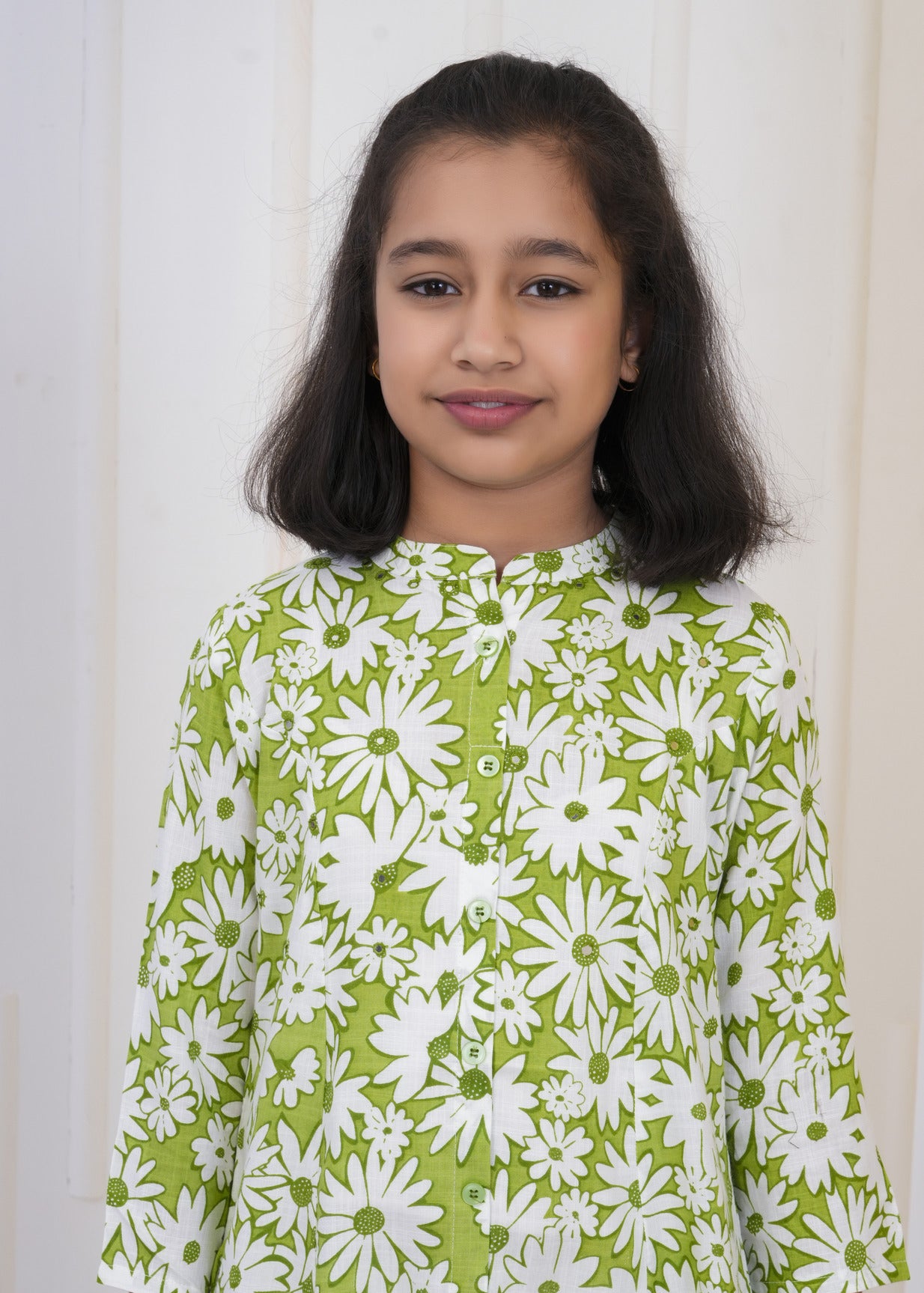 Green With White Floral Print Cotton Kurti