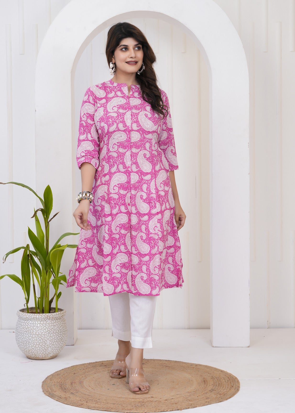 Pink With White Floral Print Cotton Kurti