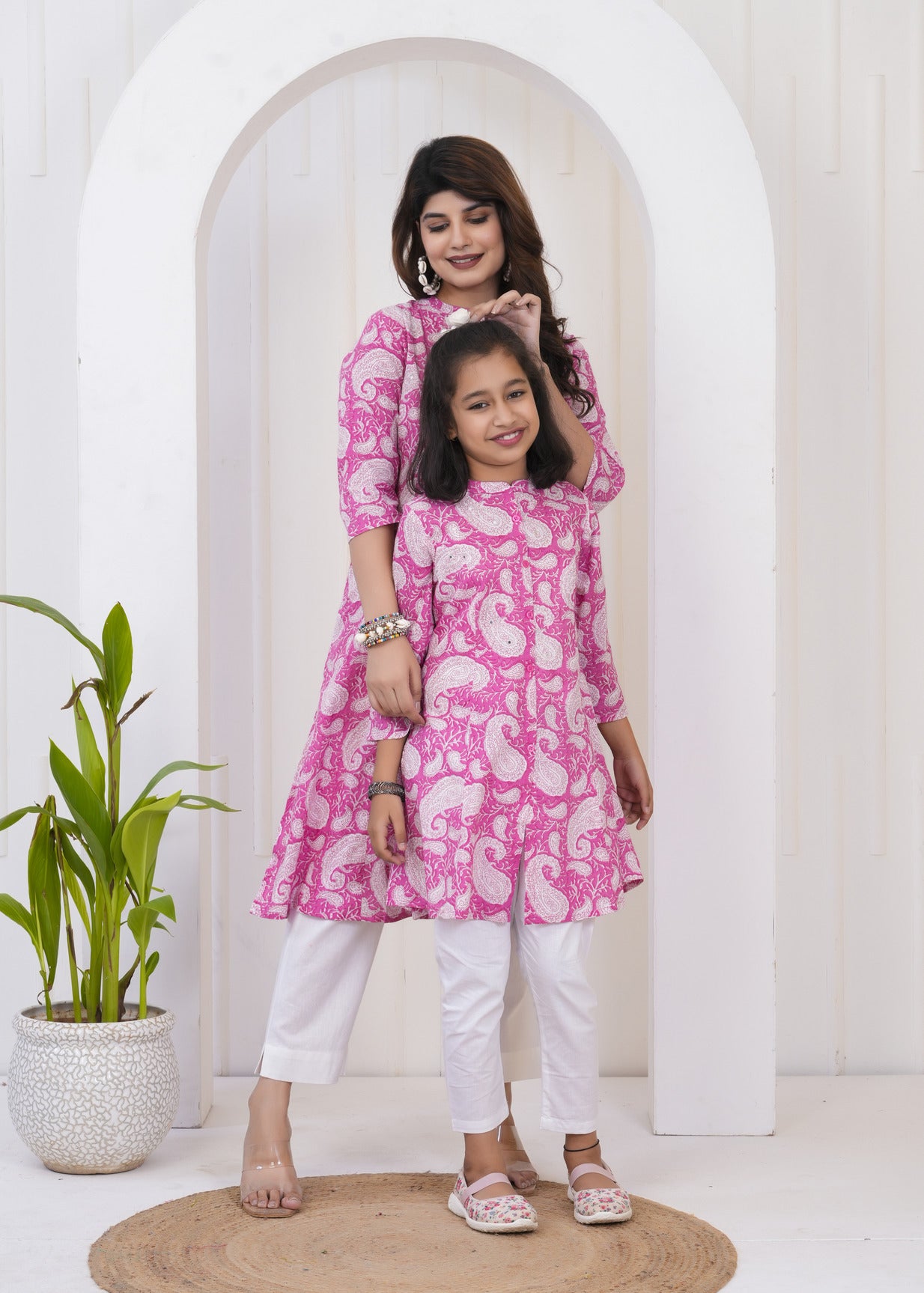 Pink With White Floral Print Cotton Kurti