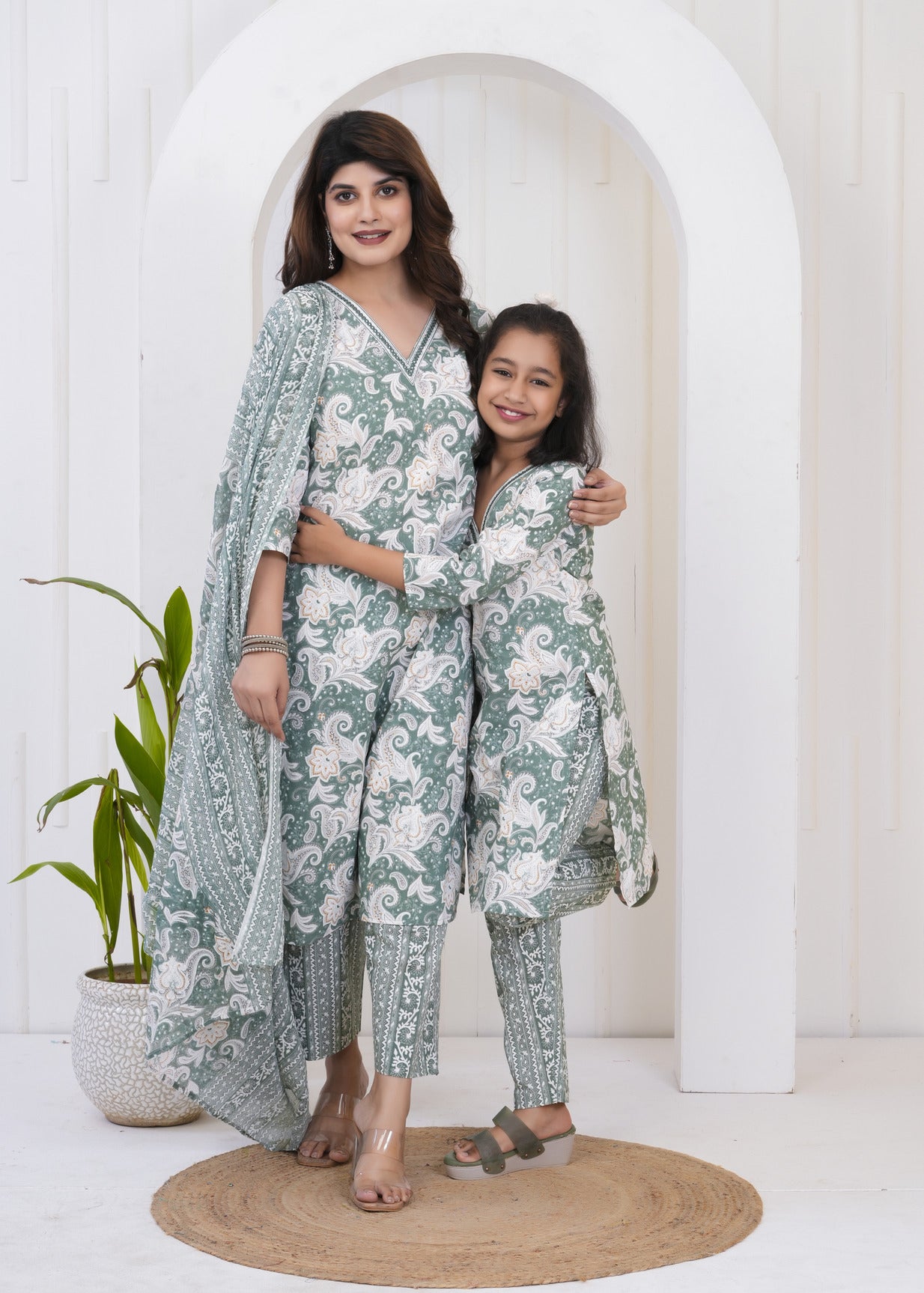 Green With White Floral Printed Cotton Suit Set