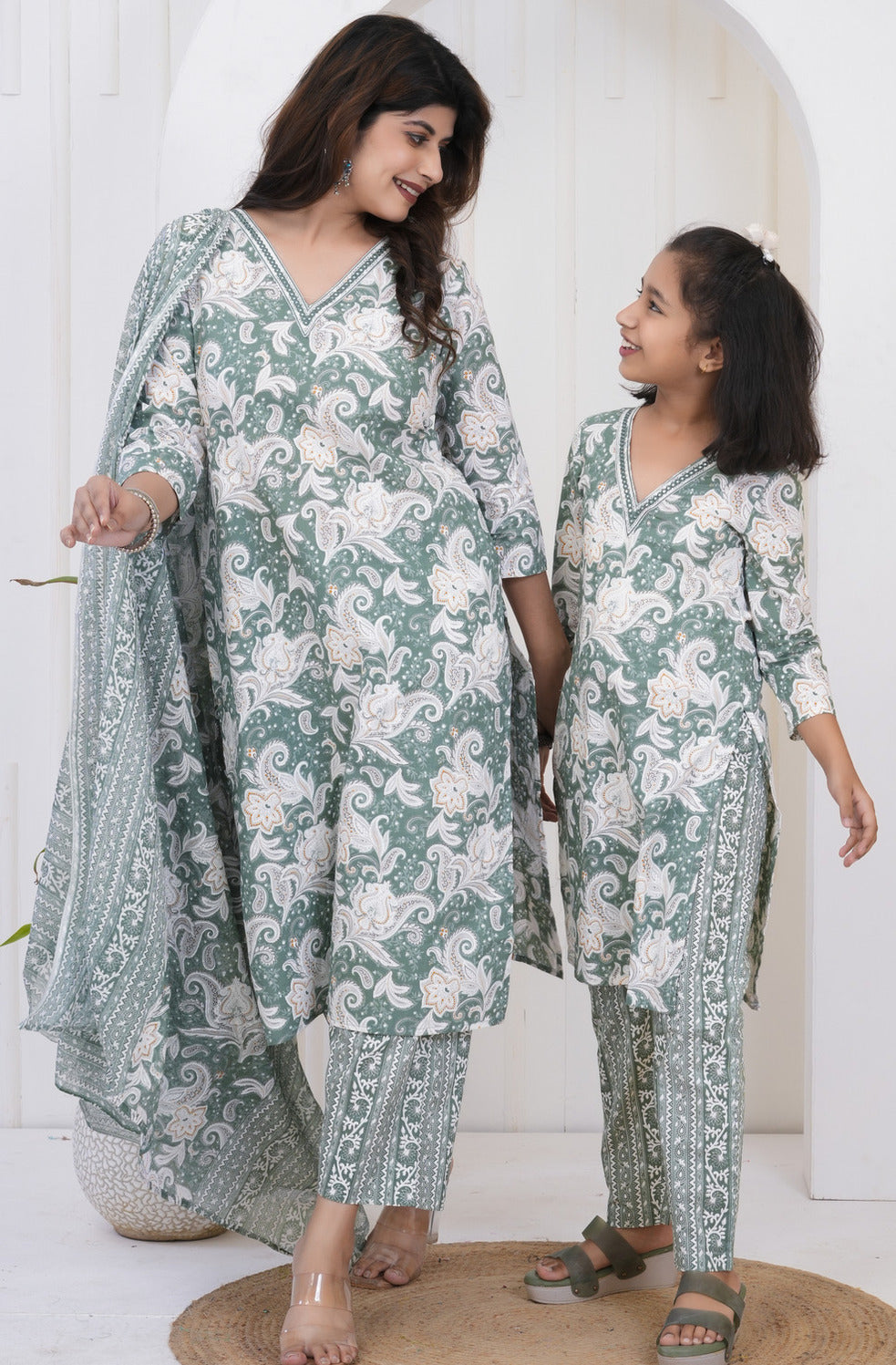 Green With White Floral Printed Cotton Suit Set