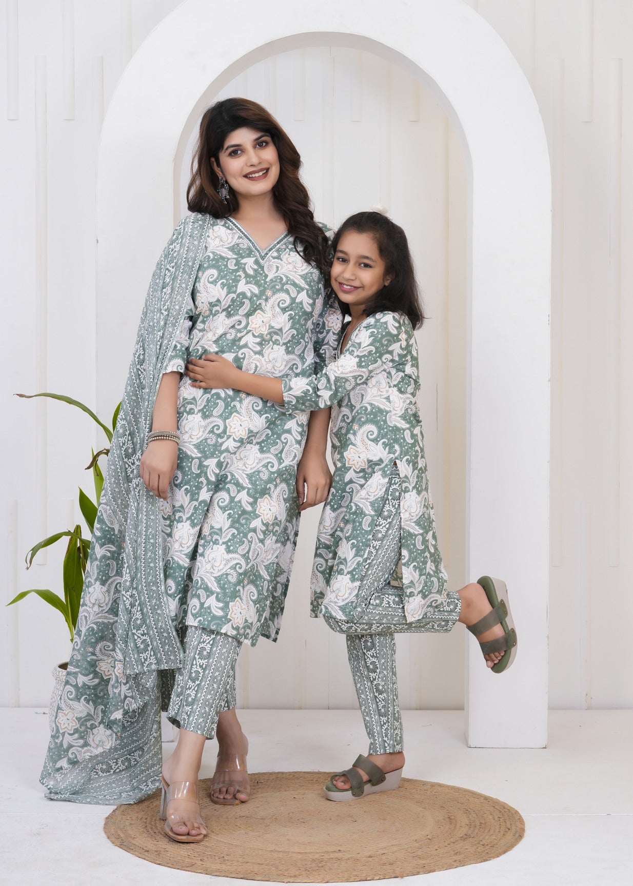 Green With White Floral Printed Cotton Suit Set