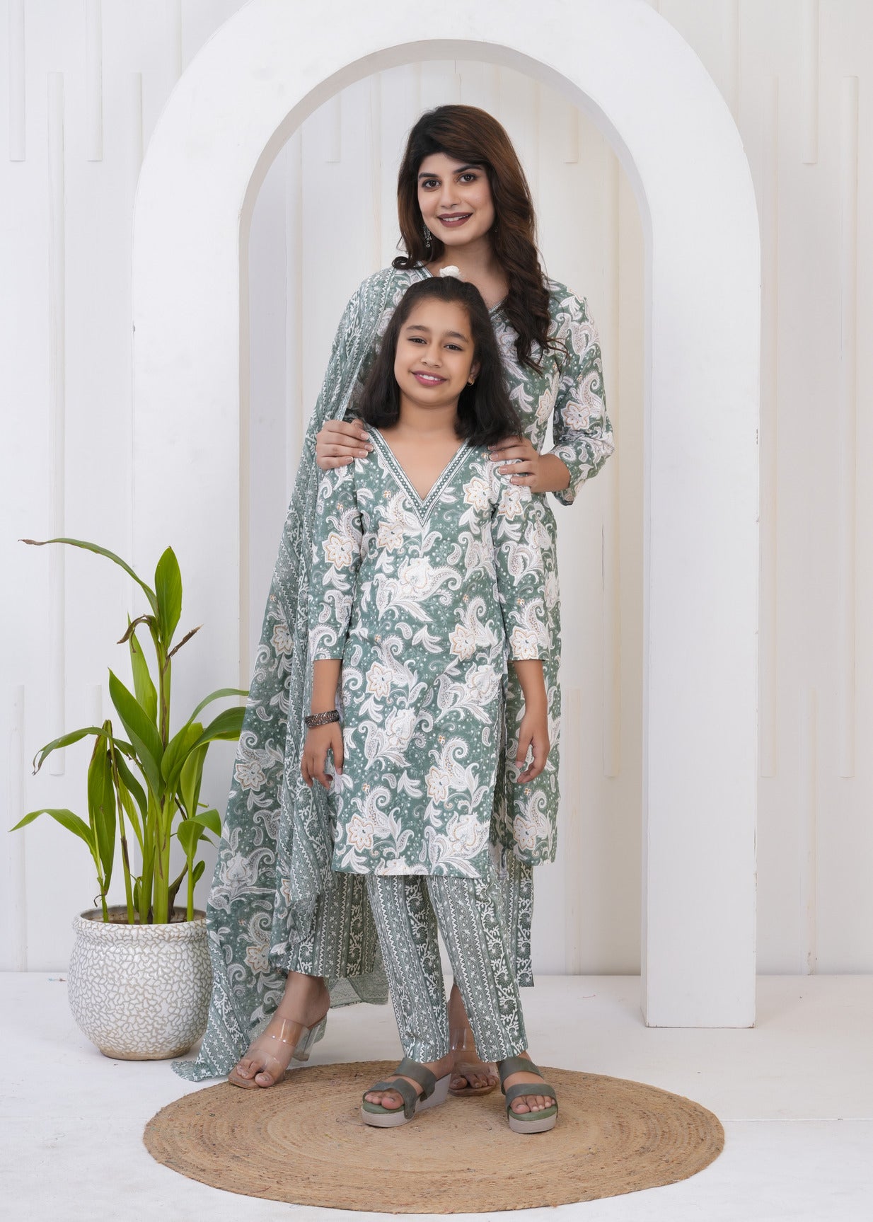 Green With White Floral Printed Cotton Suit Set