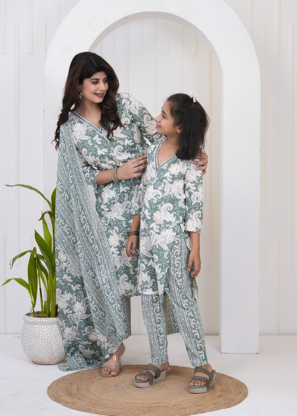 Green With White Floral Printed Cotton Suit Set