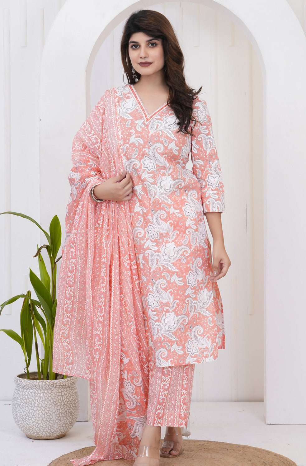 Orange With White Floral Printed Cotton Suit Set
