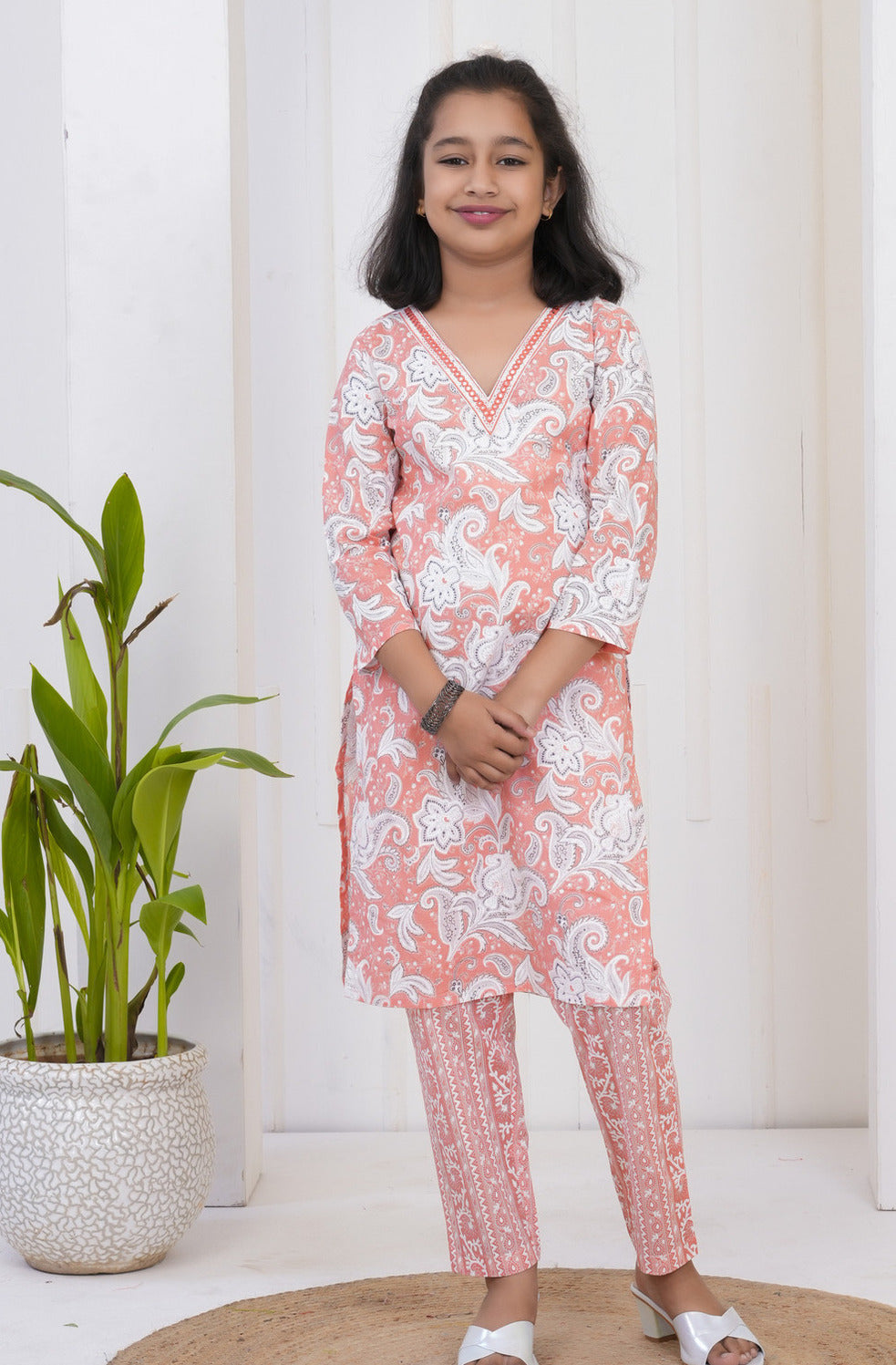 Orange With White Floral Printed Cotton Kurti Set