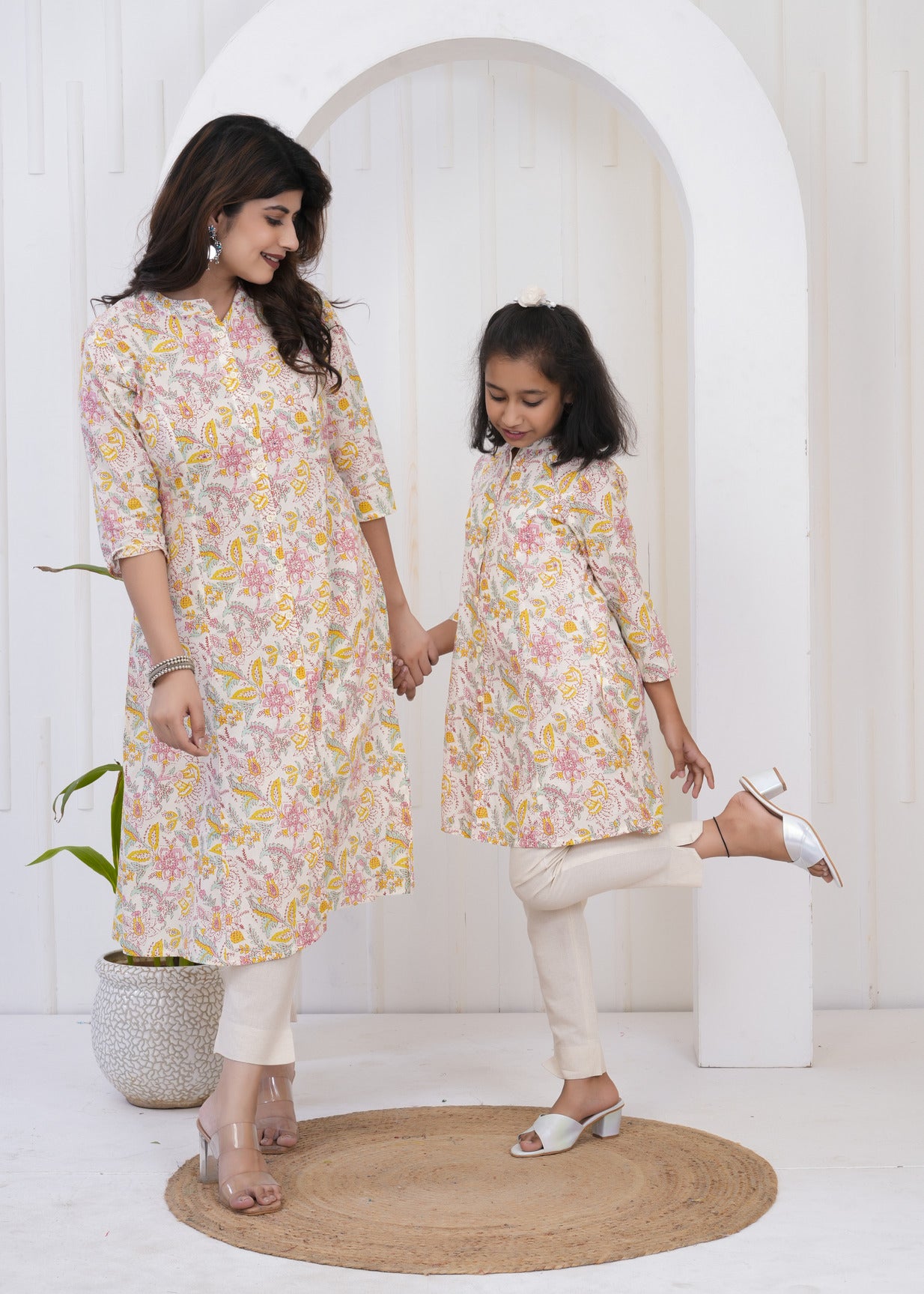 Cream With Floral Printed Cotton Kurti