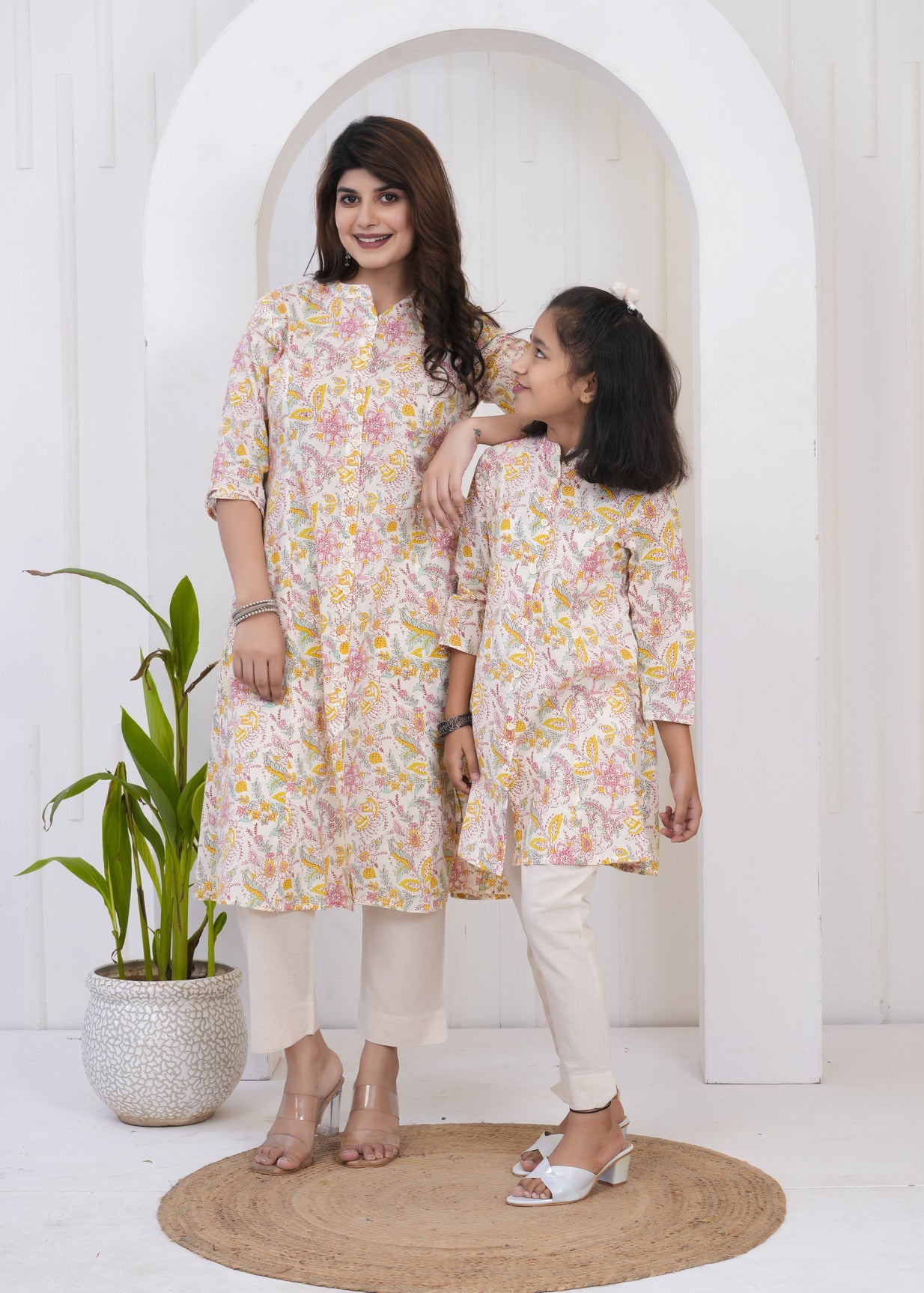 Cream With Floral Printed Cotton Kurti