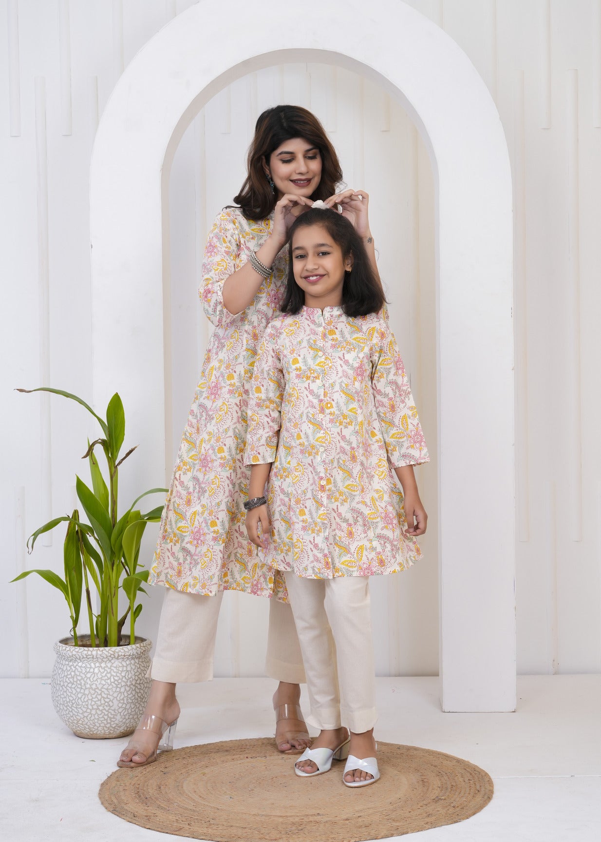 Cream With Floral Printed Cotton Kurti