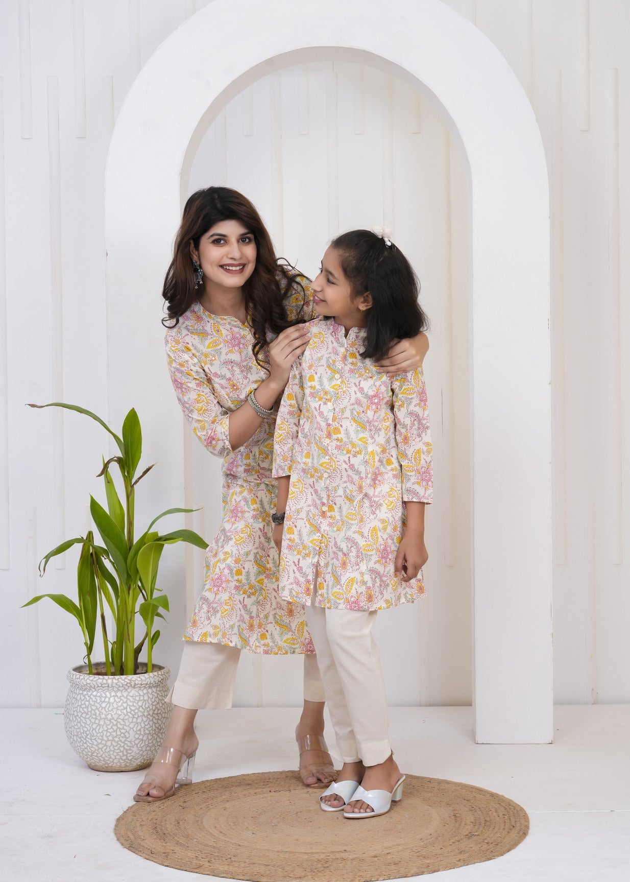 Cream With Floral Printed Cotton Kurti