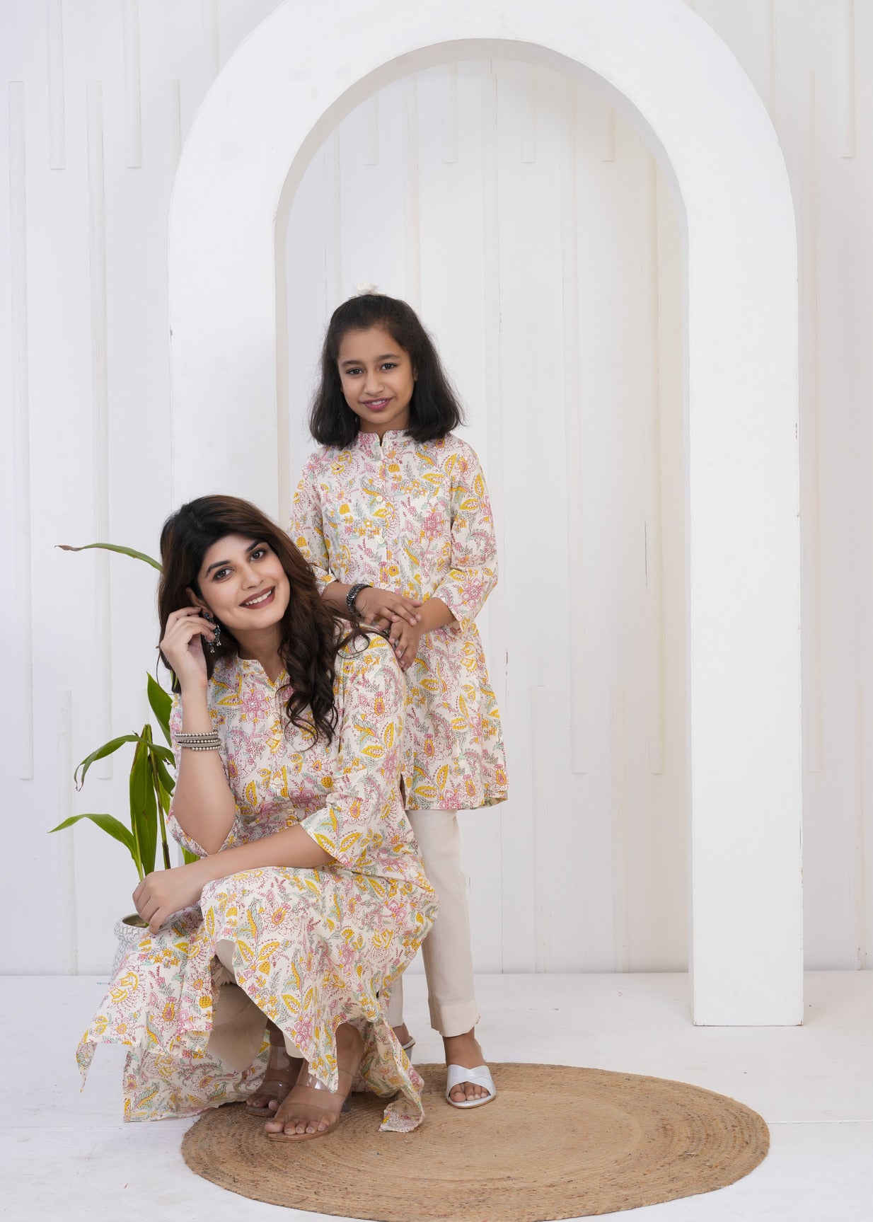 Cream With Floral Printed Cotton Kurti