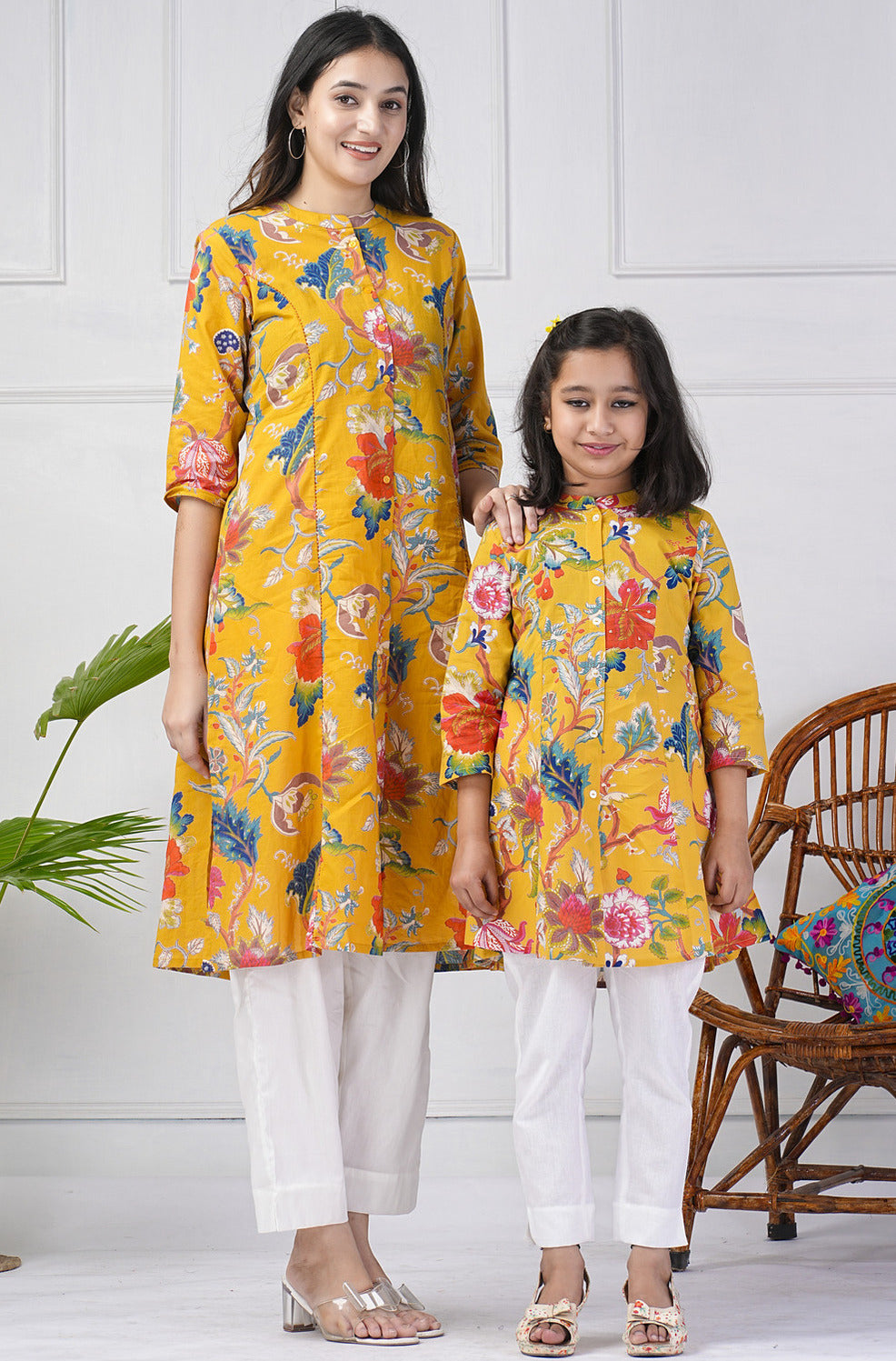 Mustard Yellow Floral Printed Simple Cotton Kurti