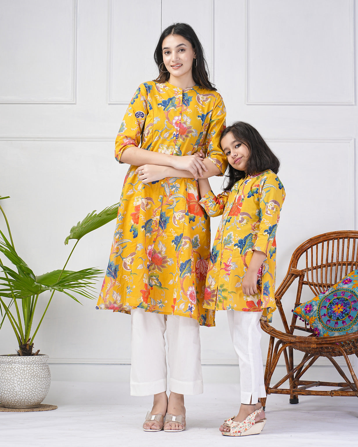 Mustard Yellow Floral Printed Simple Cotton Kurti