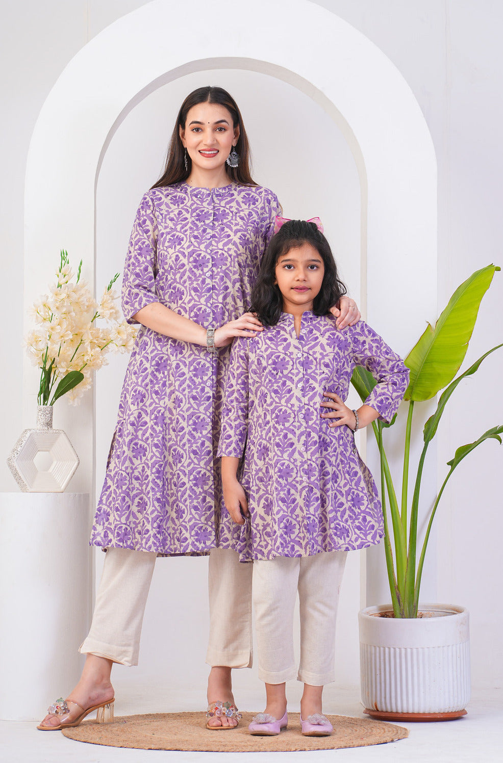 Purple With Beige Cotton Fabric Kurti