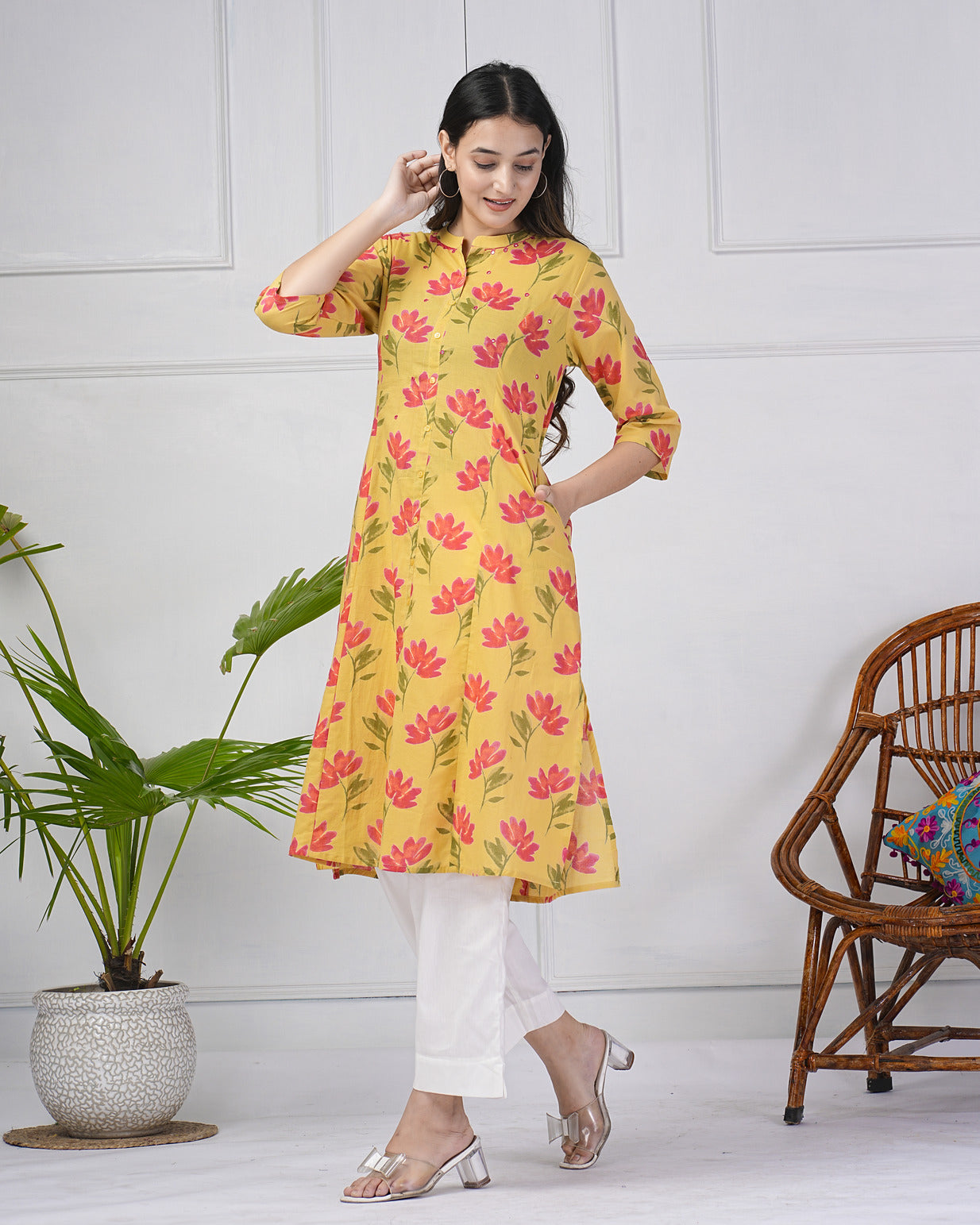 Yellow Floral Printed Cotton Kurti