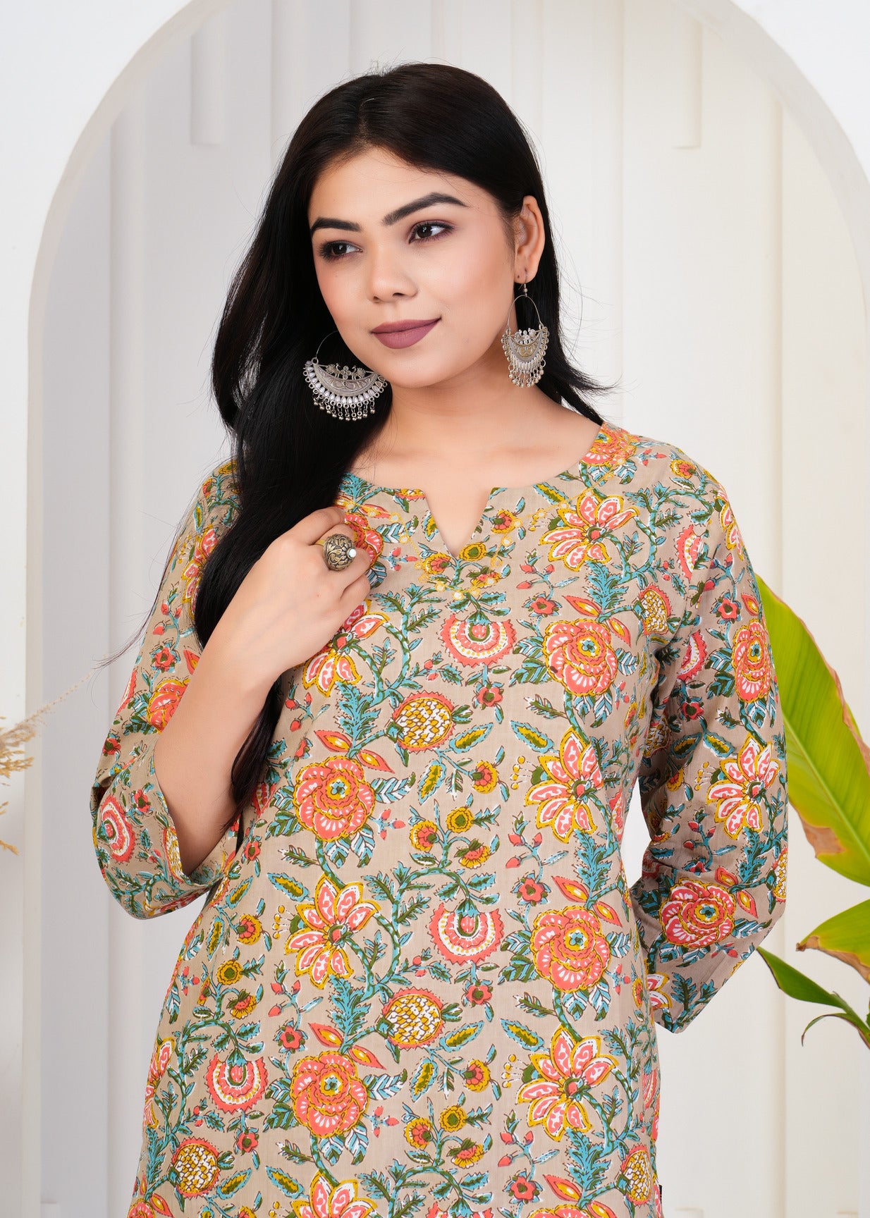 Light Chiku With Floral Print Cotton Kurti