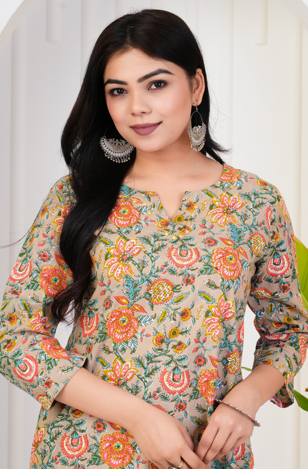 Light Chiku With Floral Print Cotton Kurti