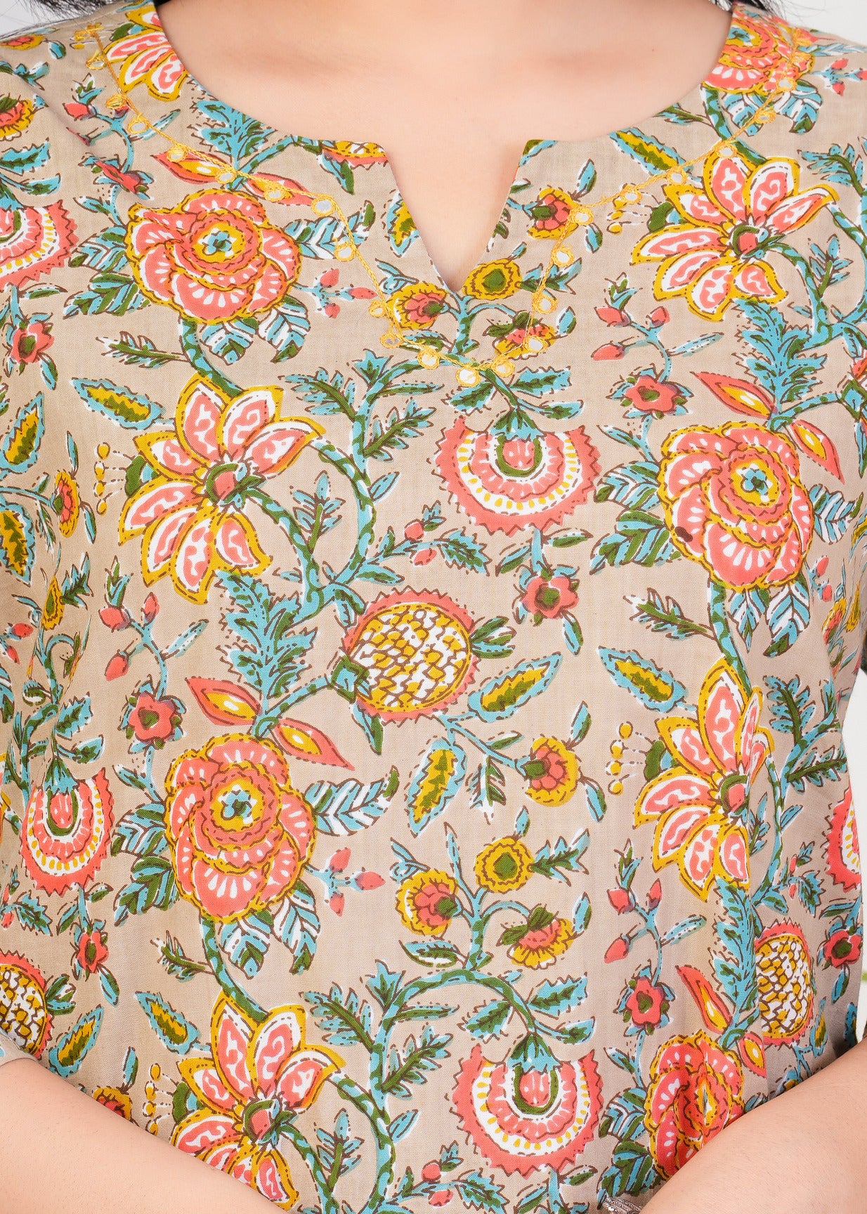 Light Chiku With Floral Print Cotton Kurti