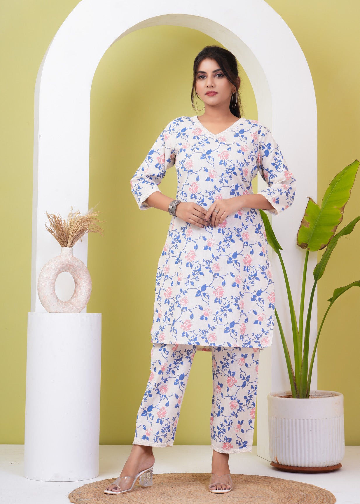 White With Blue Floral Printed Cotton Kurti Set