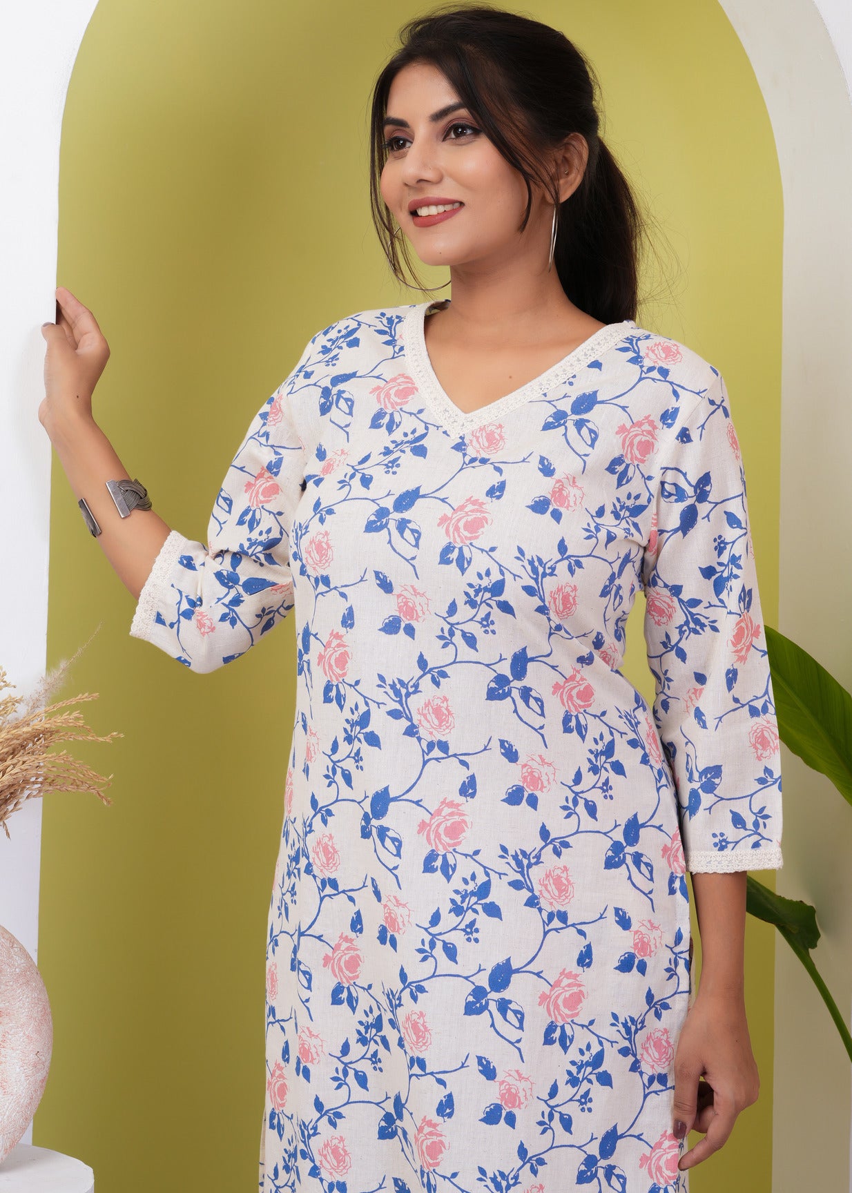 White With Blue Floral Printed Cotton Kurti Set