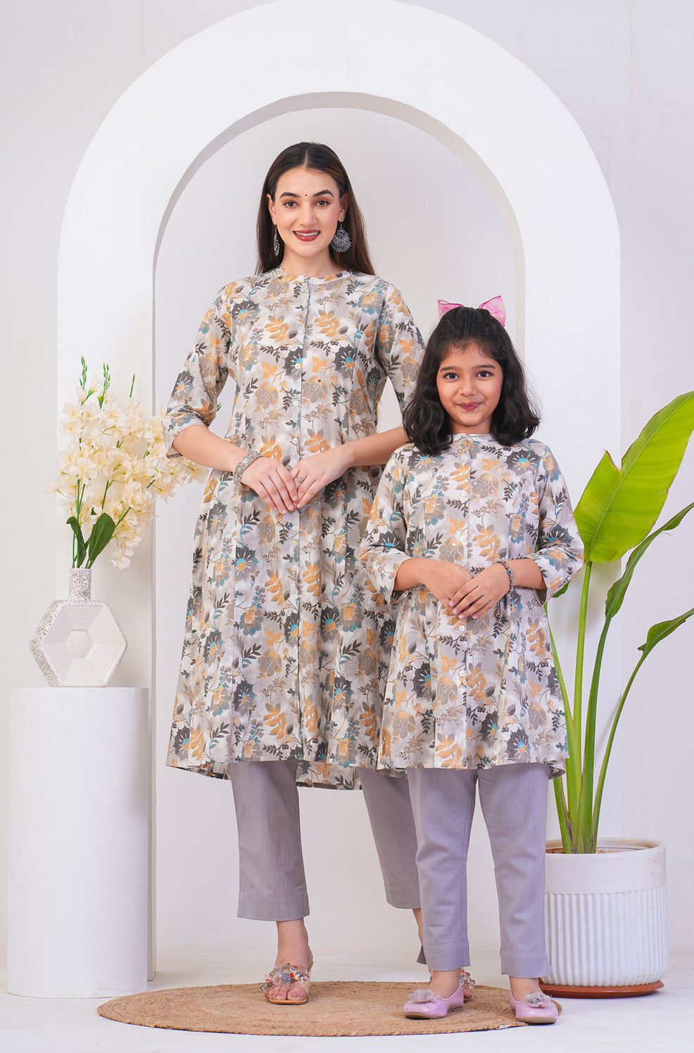 White With Silver Shades Floral Print Cotton Kurti