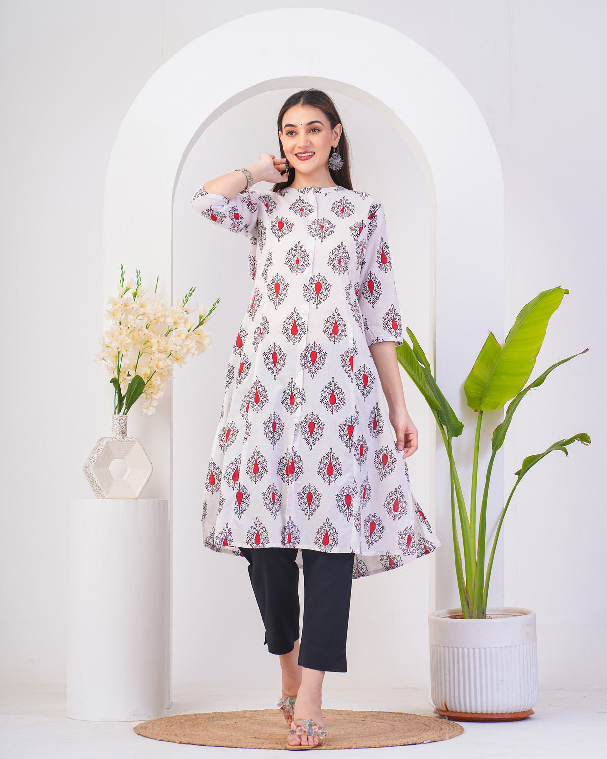 White With Floral Printed Cotton Kurti