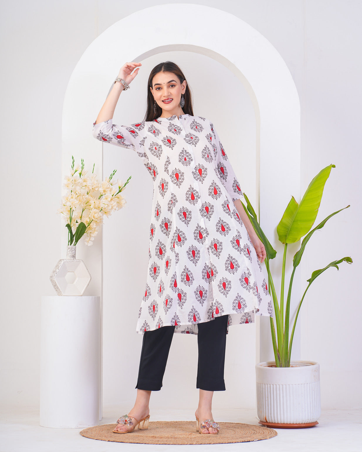 White With Floral Printed Cotton Kurti