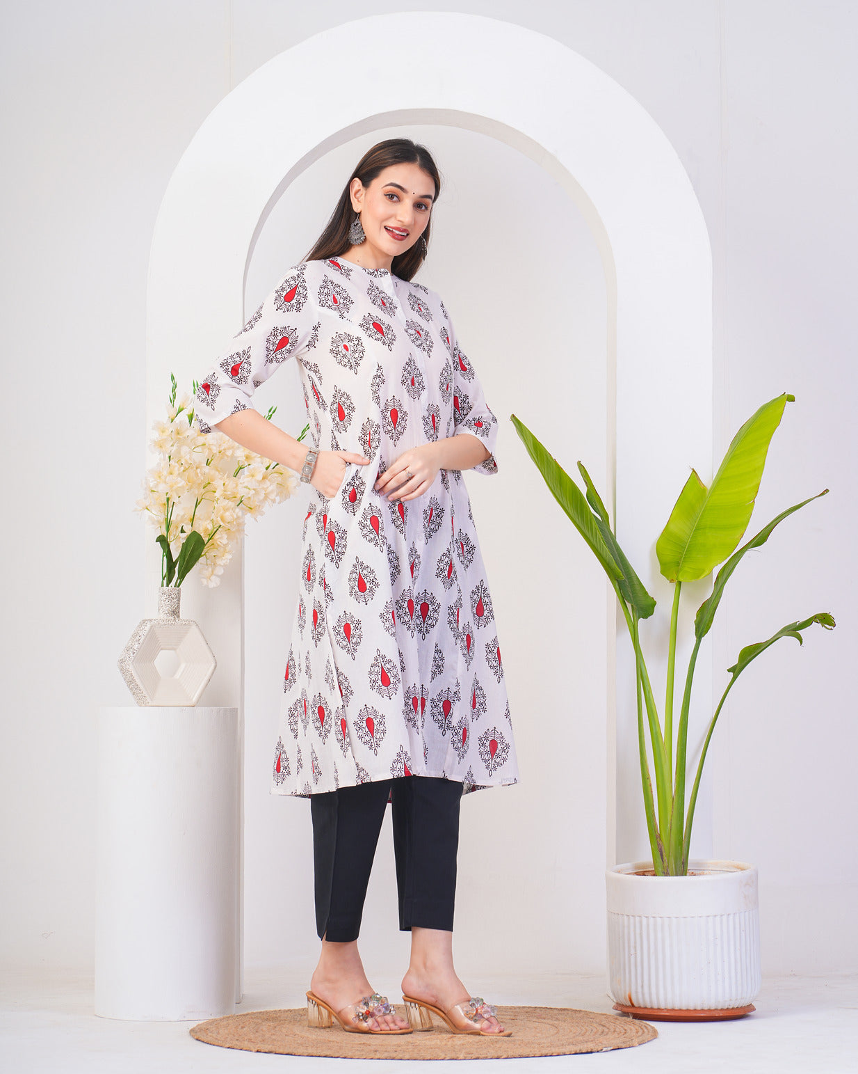 White With Floral Printed Cotton Kurti