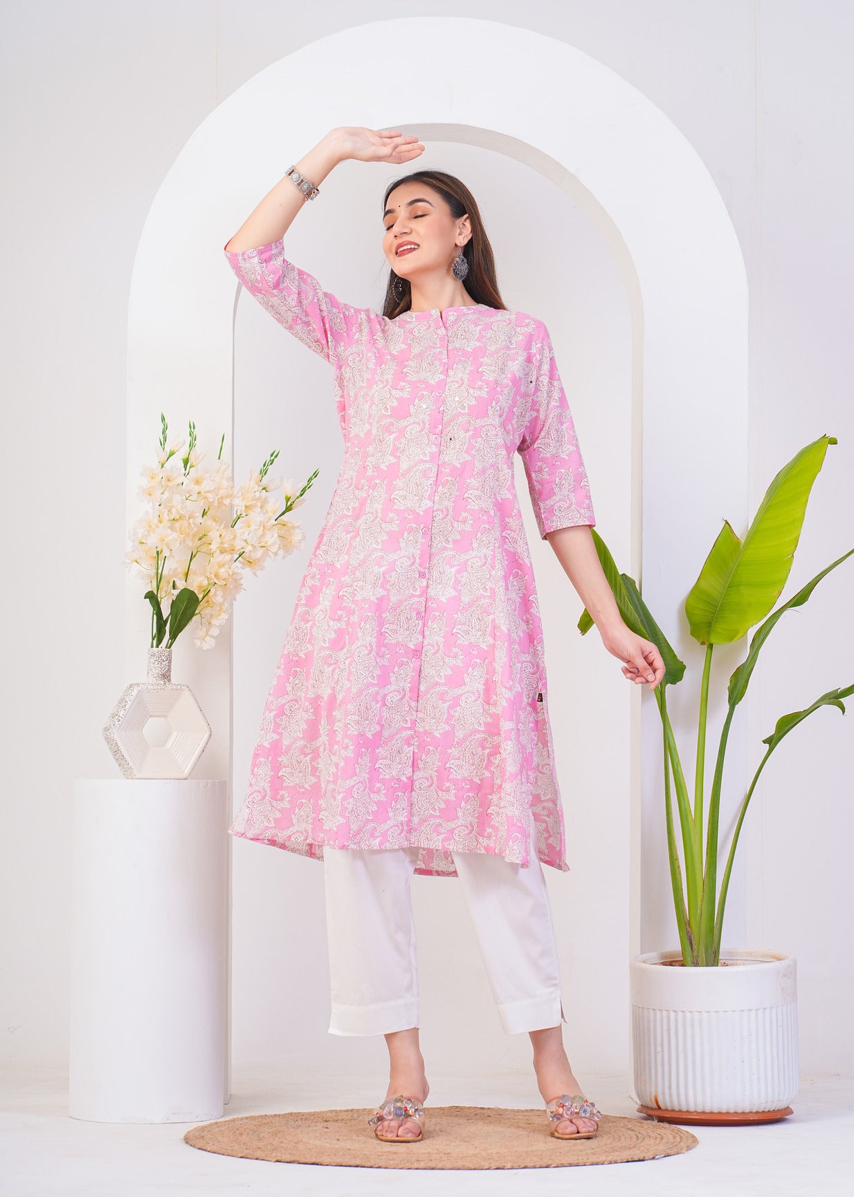 Pink With White Floral Printed Cotton Kurti