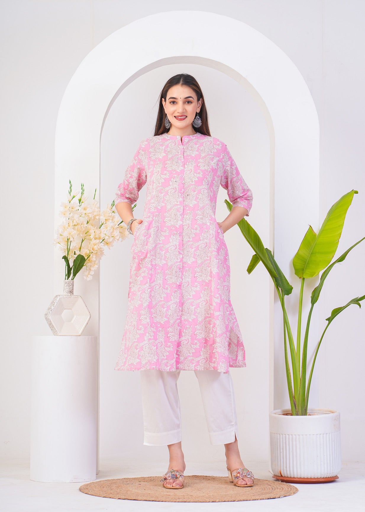 Pink With White Floral Printed Cotton Kurti