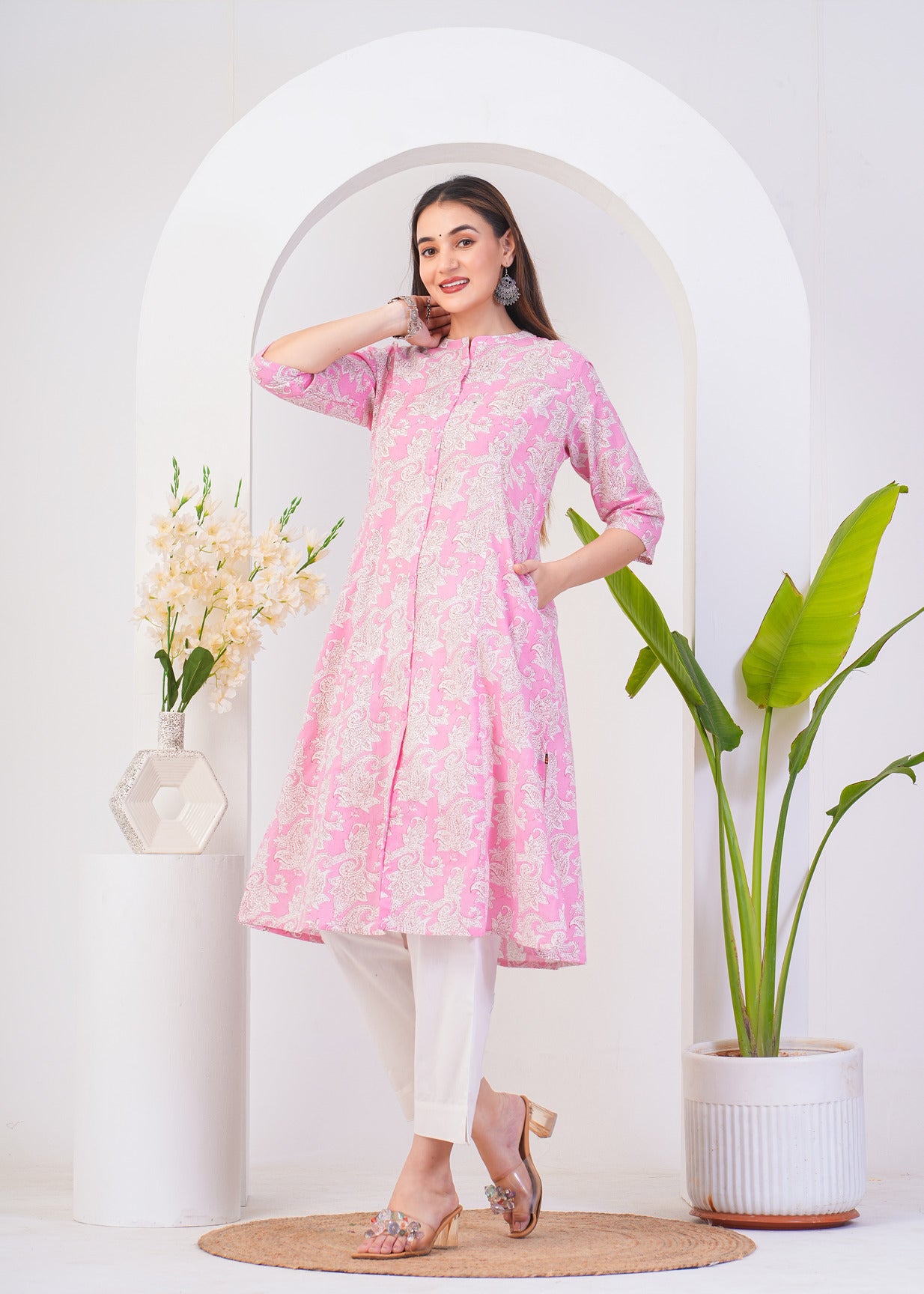 Pink With White Floral Printed Cotton Kurti