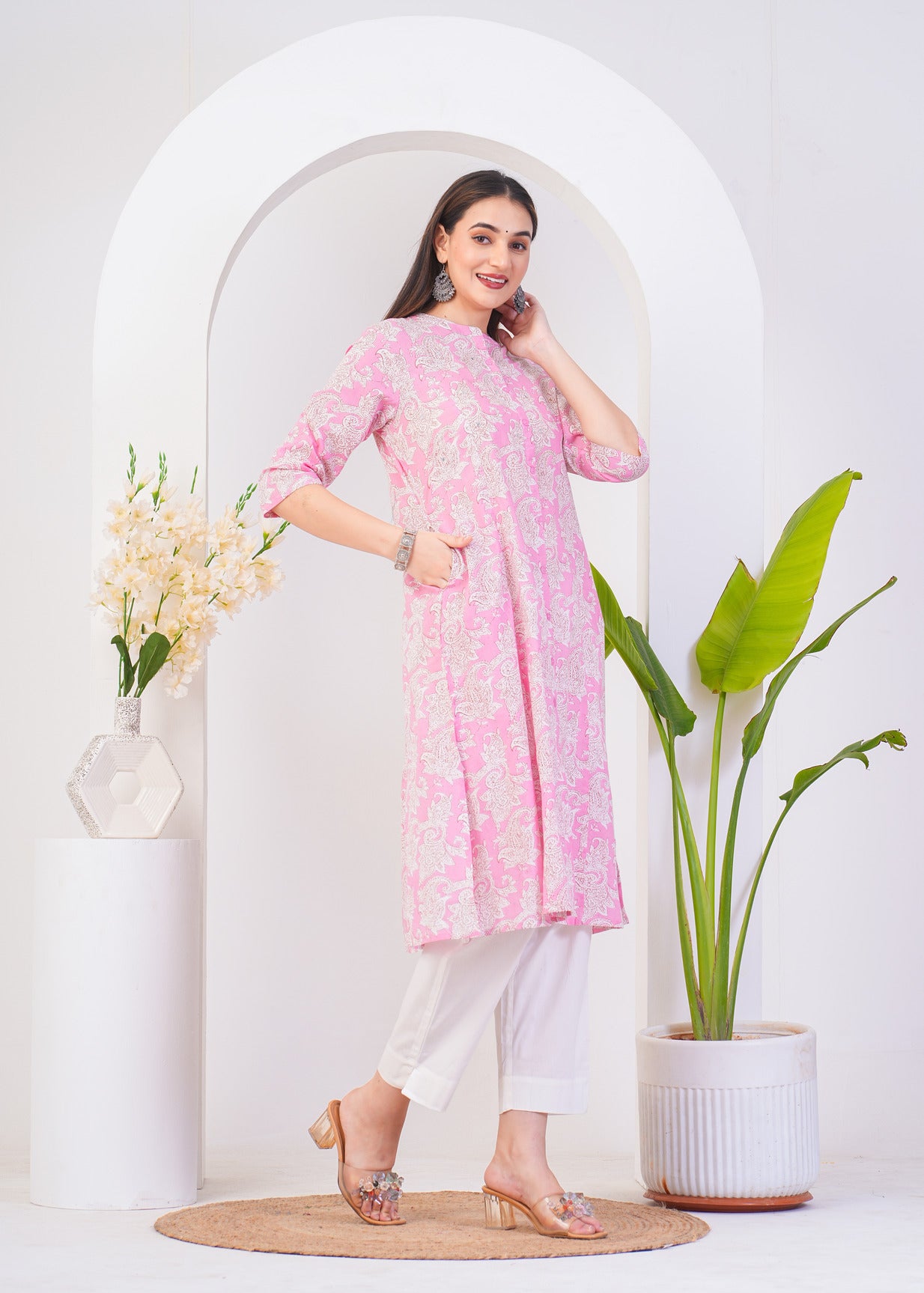 Pink With White Floral Printed Cotton Kurti