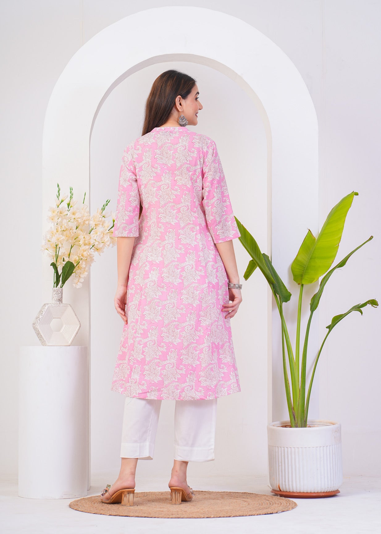 Pink With White Floral Printed Cotton Kurti