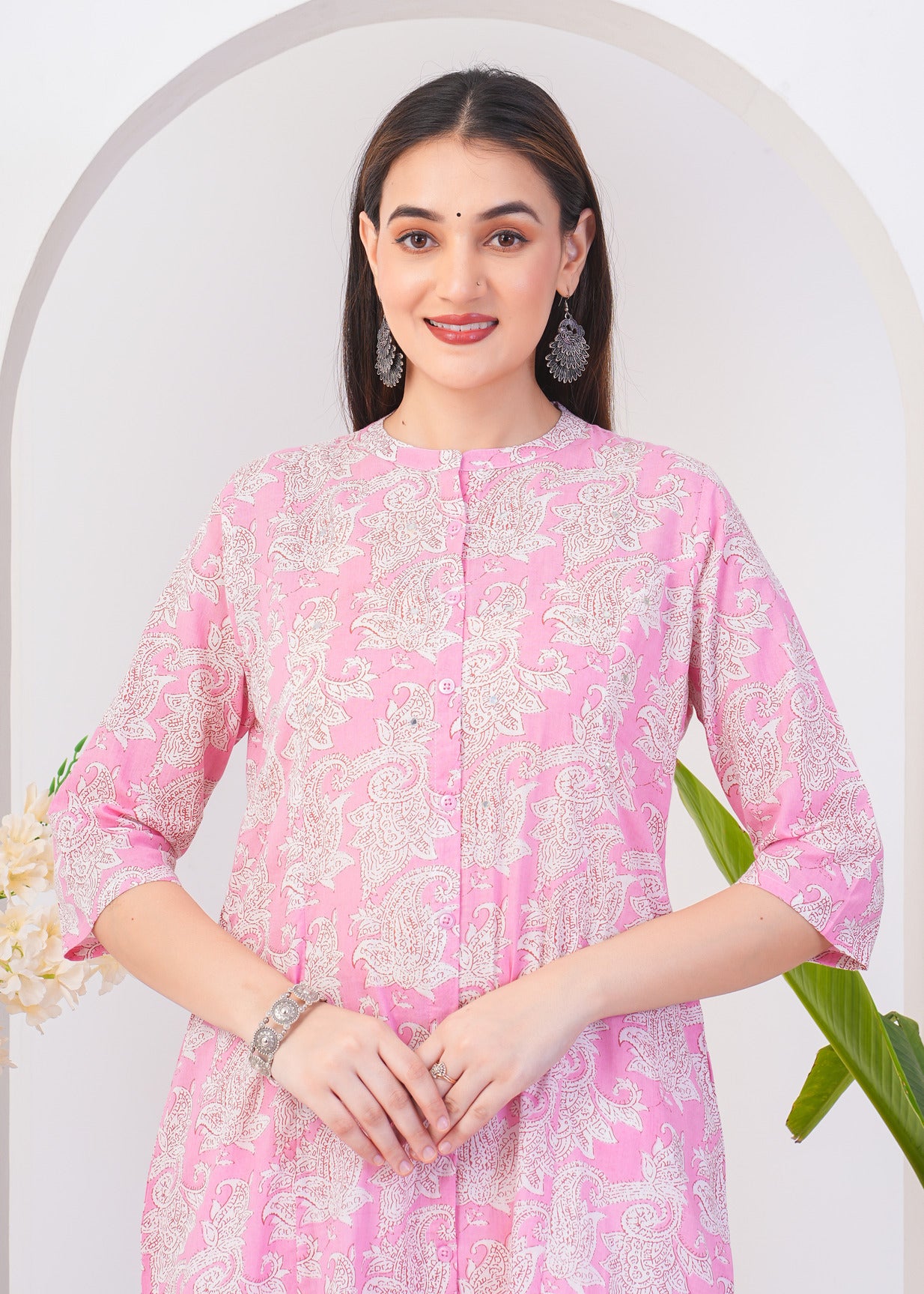 Pink With White Floral Printed Cotton Kurti