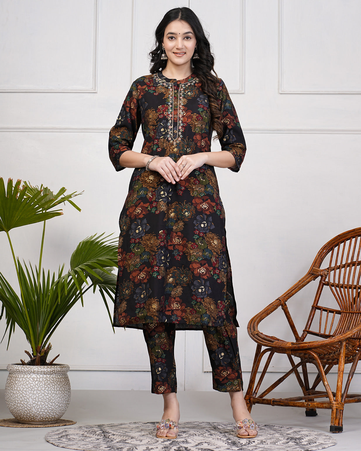 Black With Gold Print Neck Embroidery Muslin Kurti Set