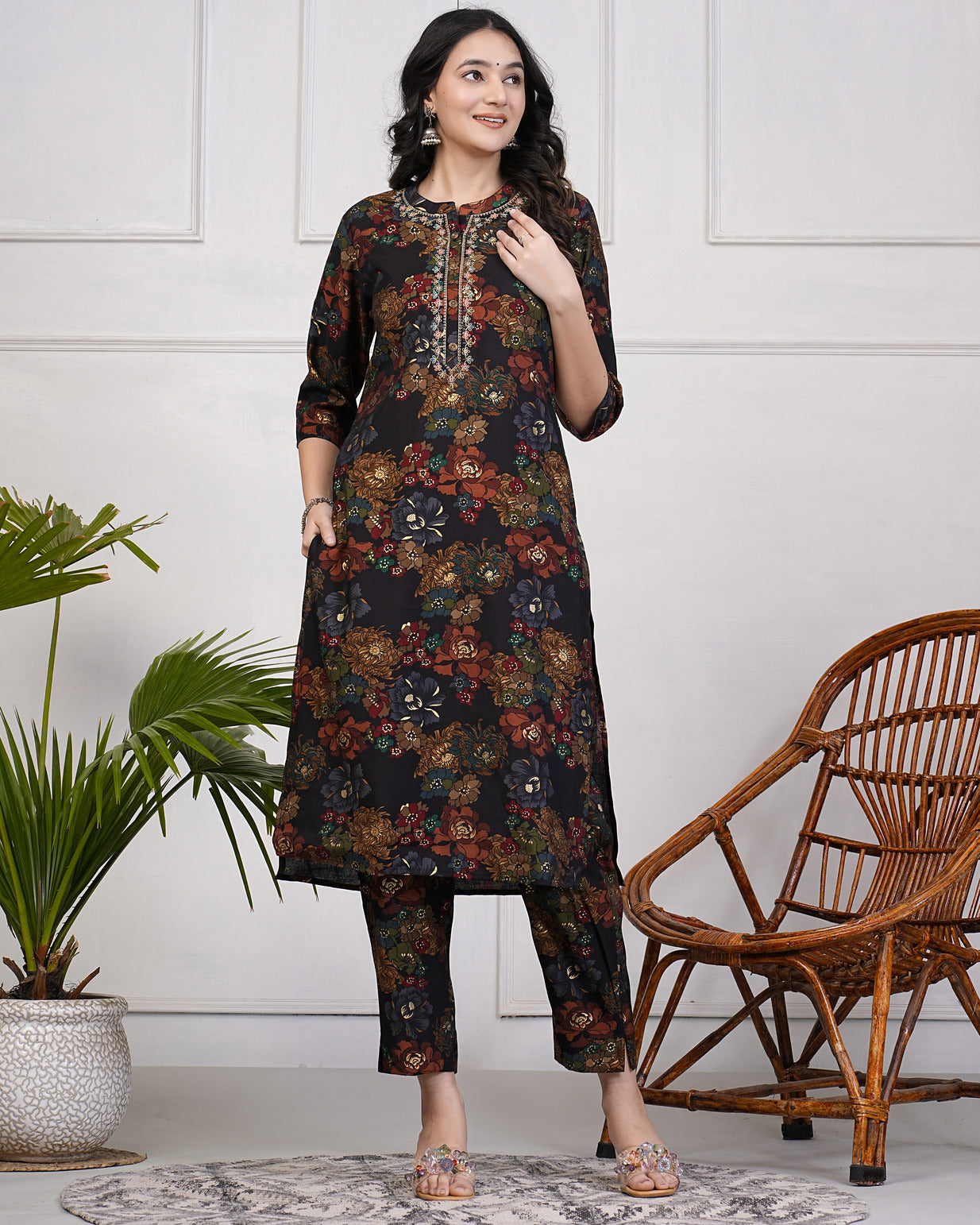 Black With Gold Print Neck Embroidery Muslin Kurti Set