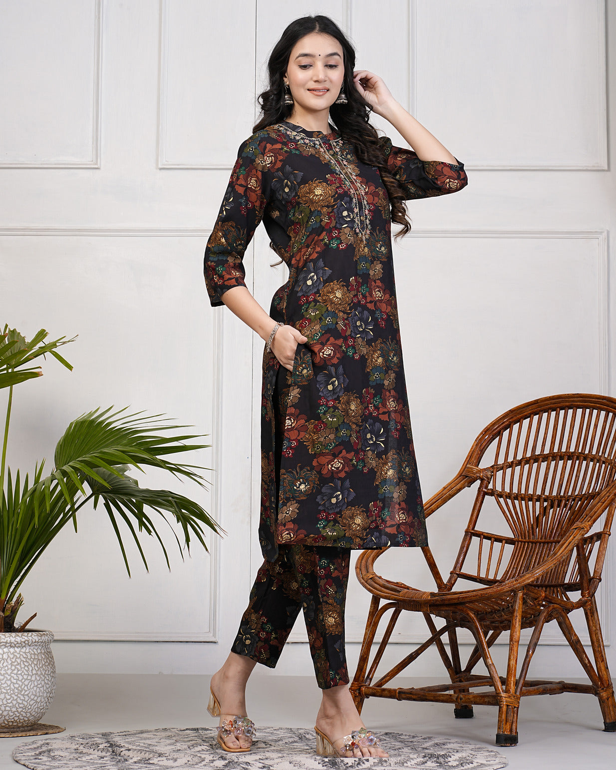 Black With Gold Print Neck Embroidery Muslin Kurti Set
