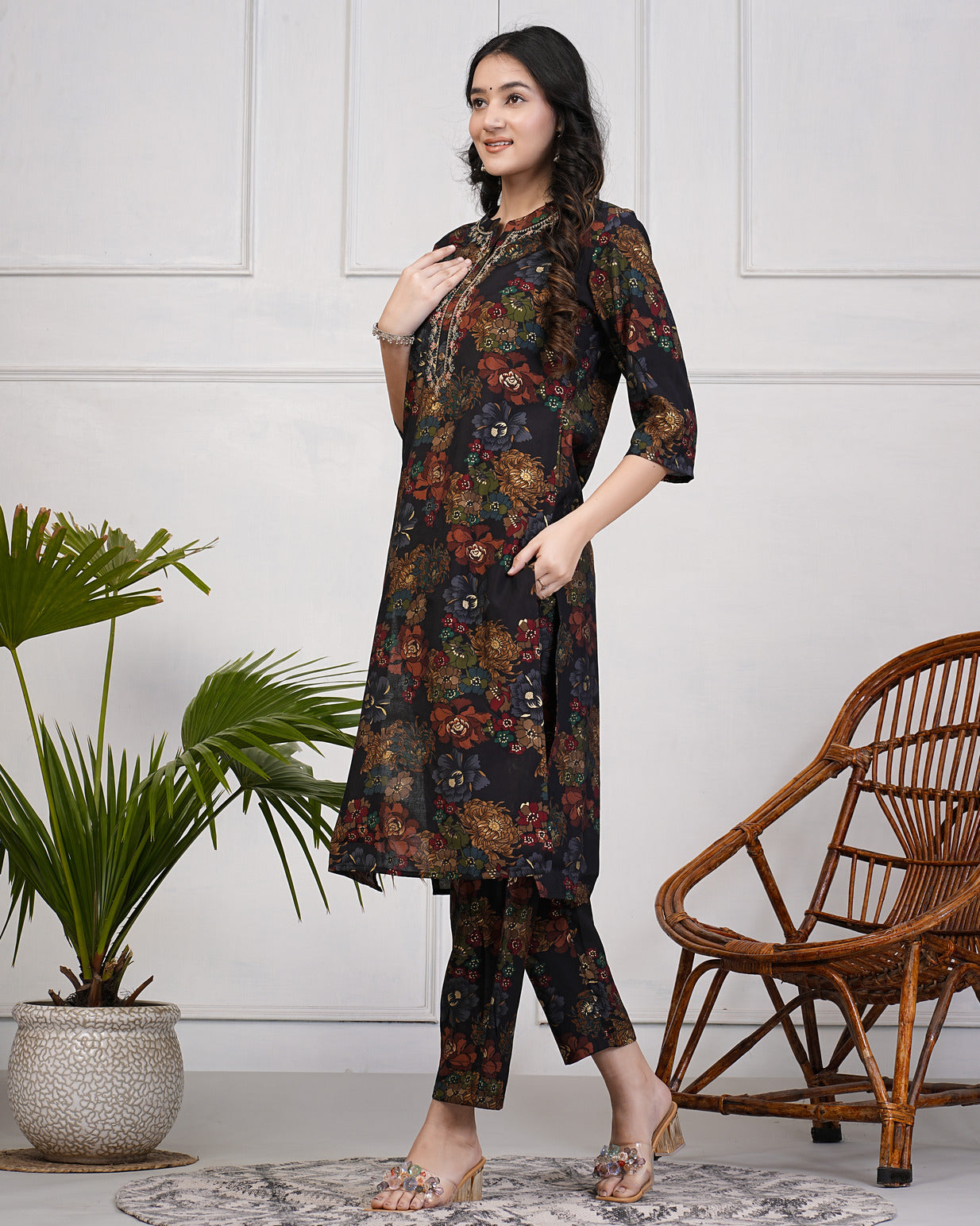 Black With Gold Print Neck Embroidery Muslin Kurti Set