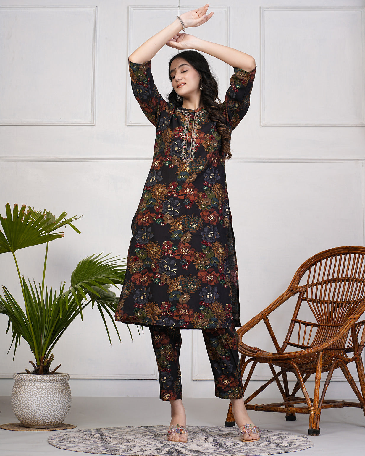 Black With Gold Print Neck Embroidery Muslin Kurti Set