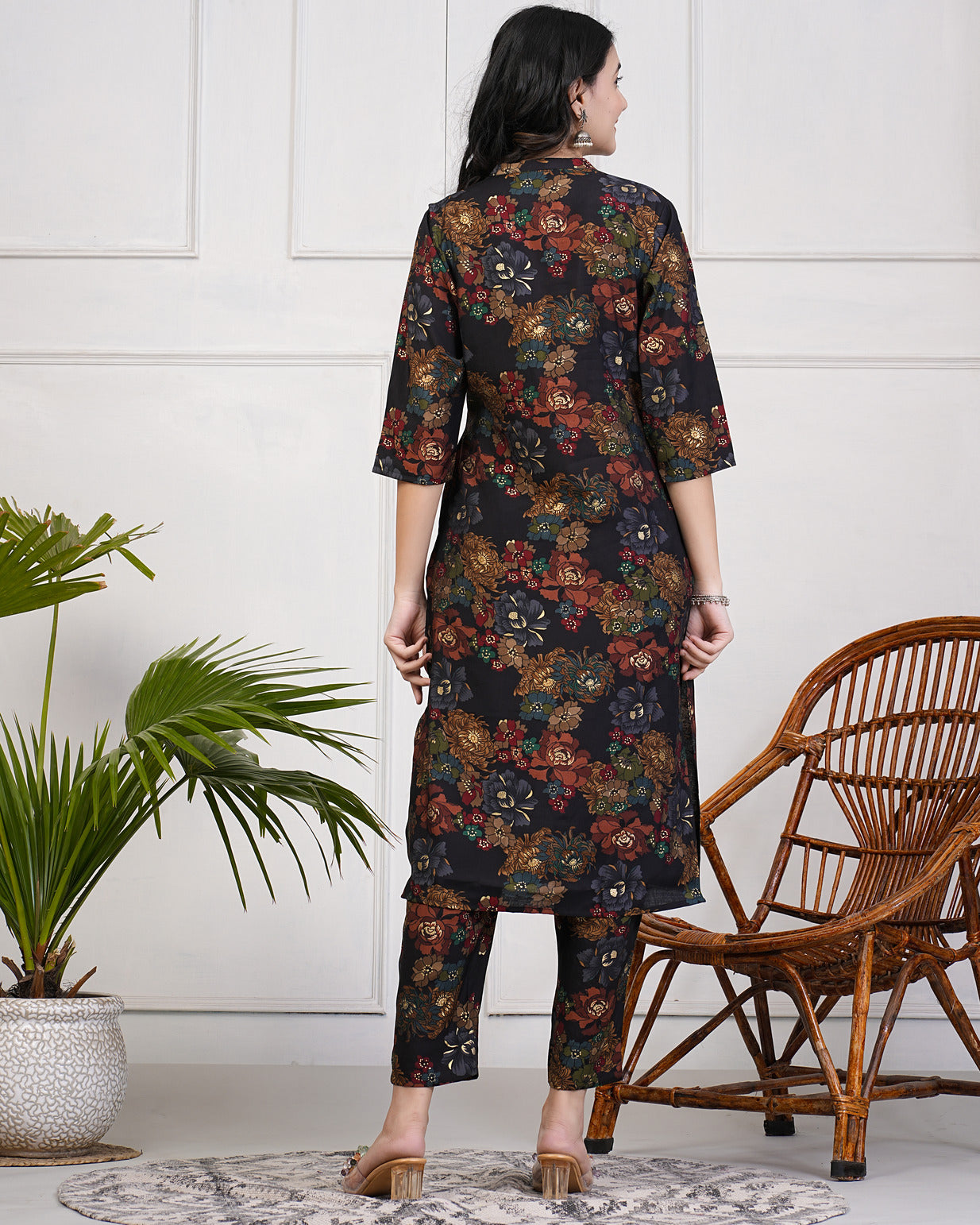 Black With Gold Print Neck Embroidery Muslin Kurti Set