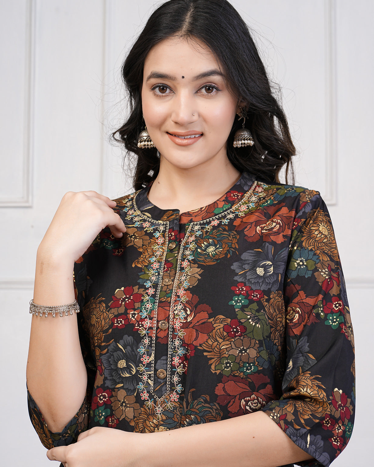 Black With Gold Print Neck Embroidery Muslin Kurti Set