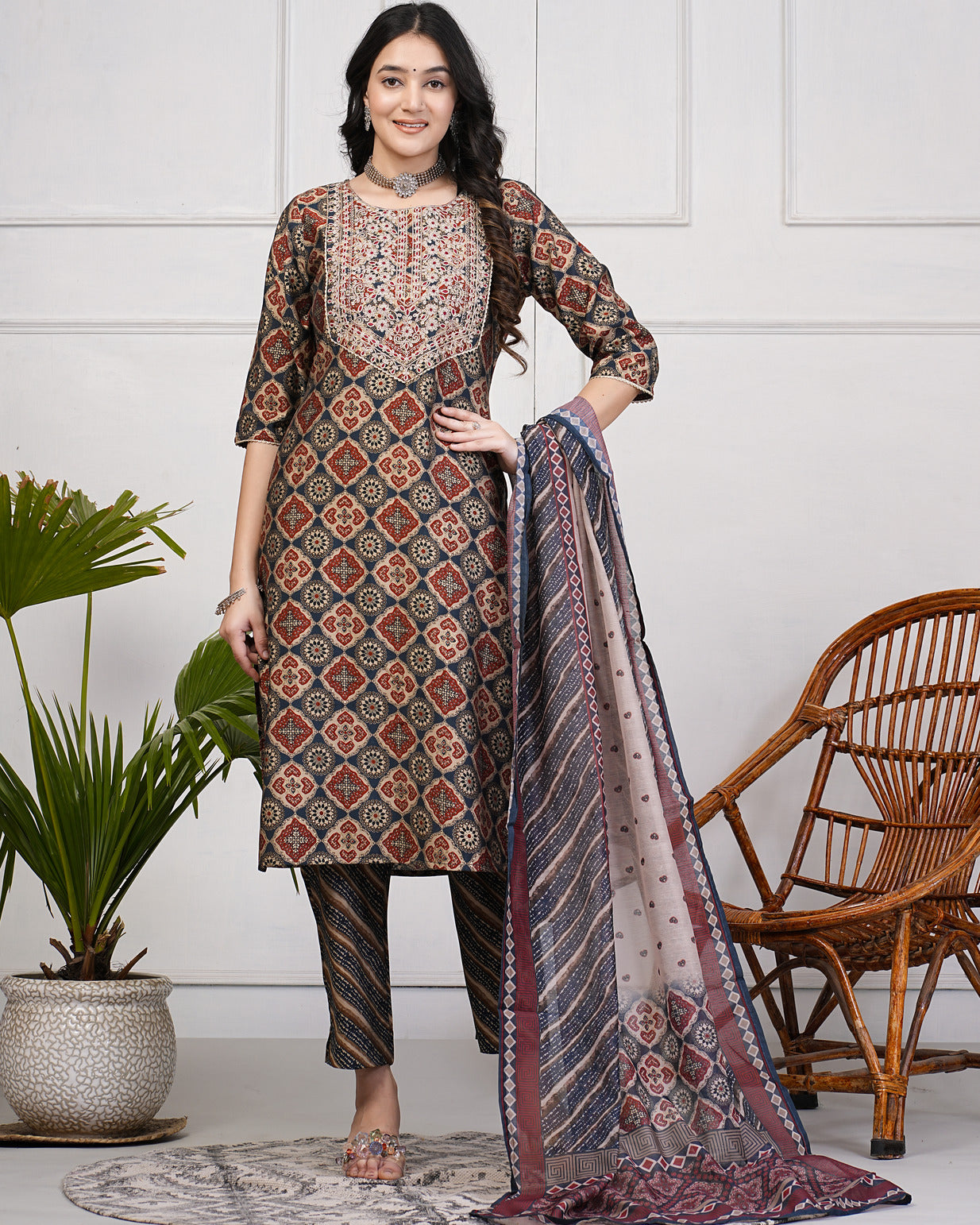Navy Blue with Rust Embroidered and Embellished Silk Suit Set