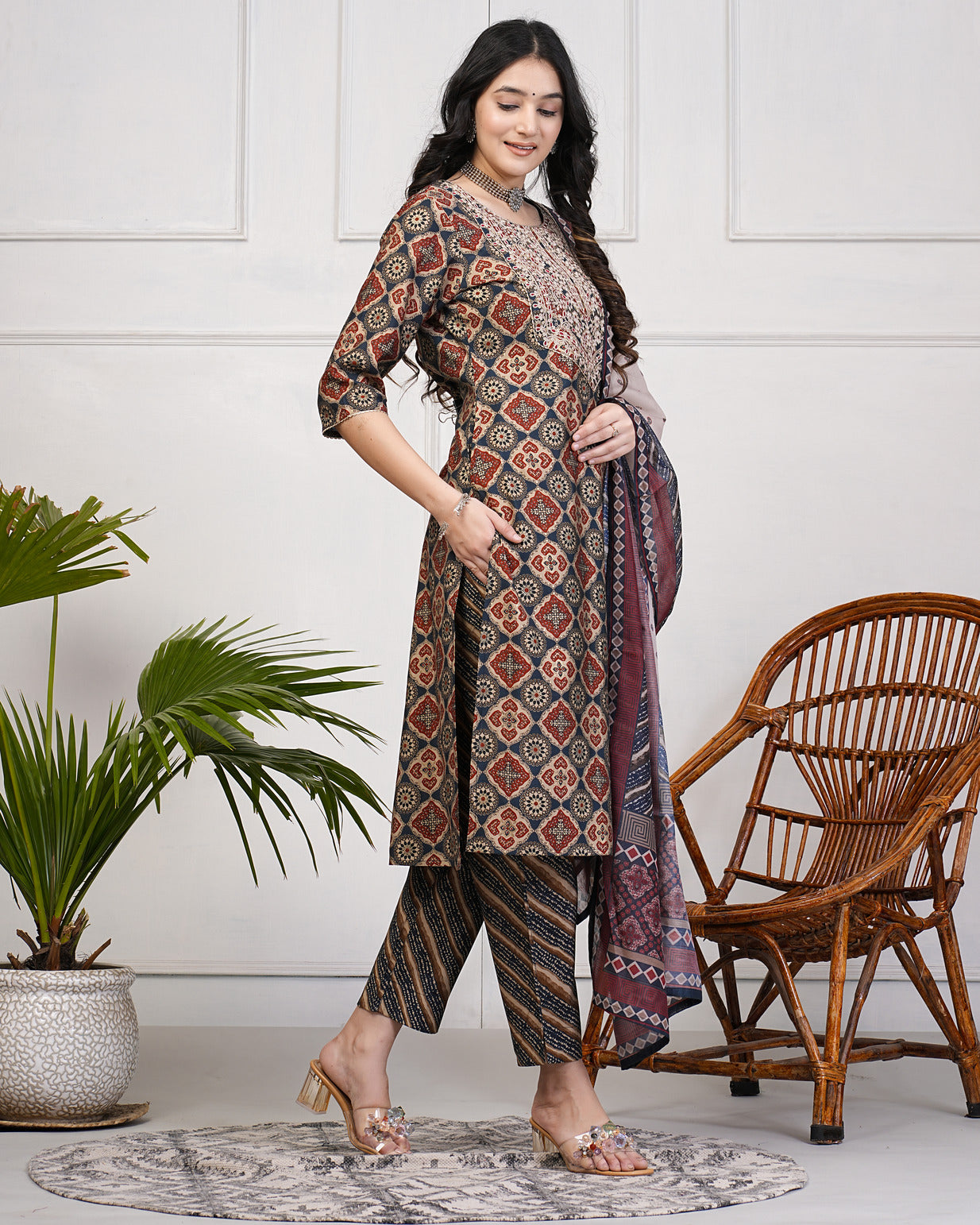 Navy Blue with Rust Embroidered and Embellished Silk Suit Set